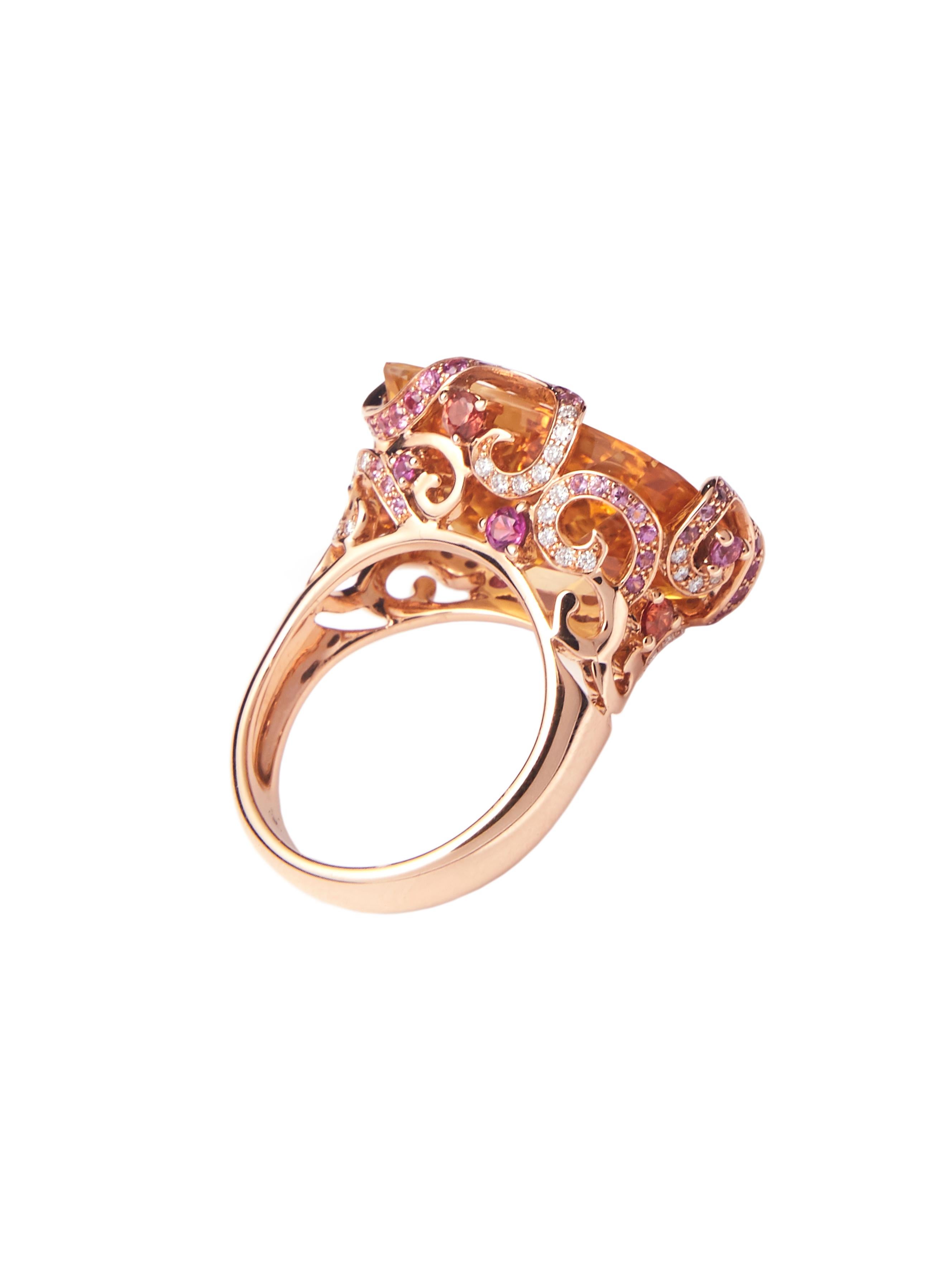 18 Karat Rose Gold Ring with Smokey Quartz Diamonds and Pink Sapphire For Sale 1