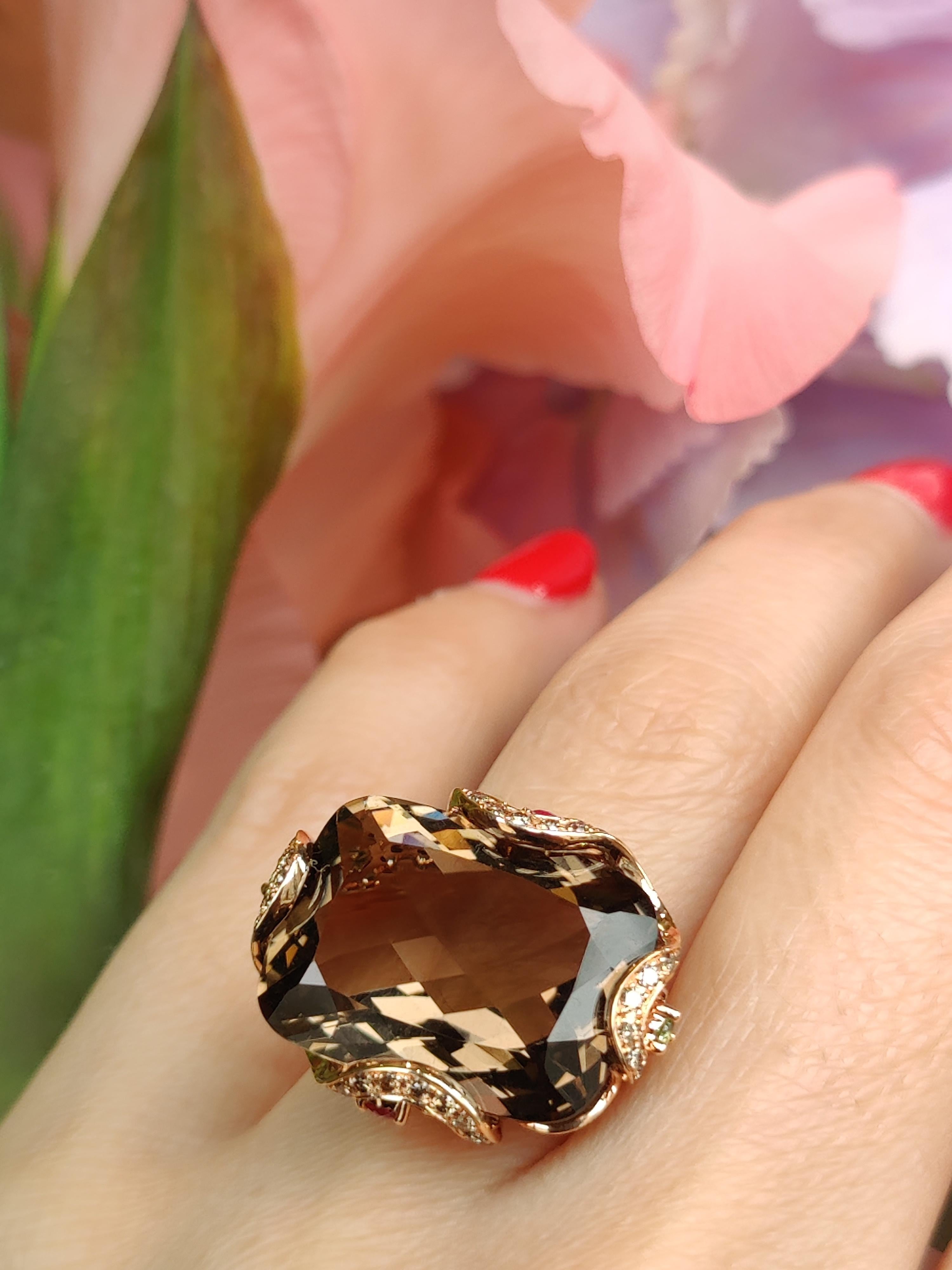 Modern Bonebakker 18 karat rose gold ring with  cushion smokey quartz and pink sapphire For Sale