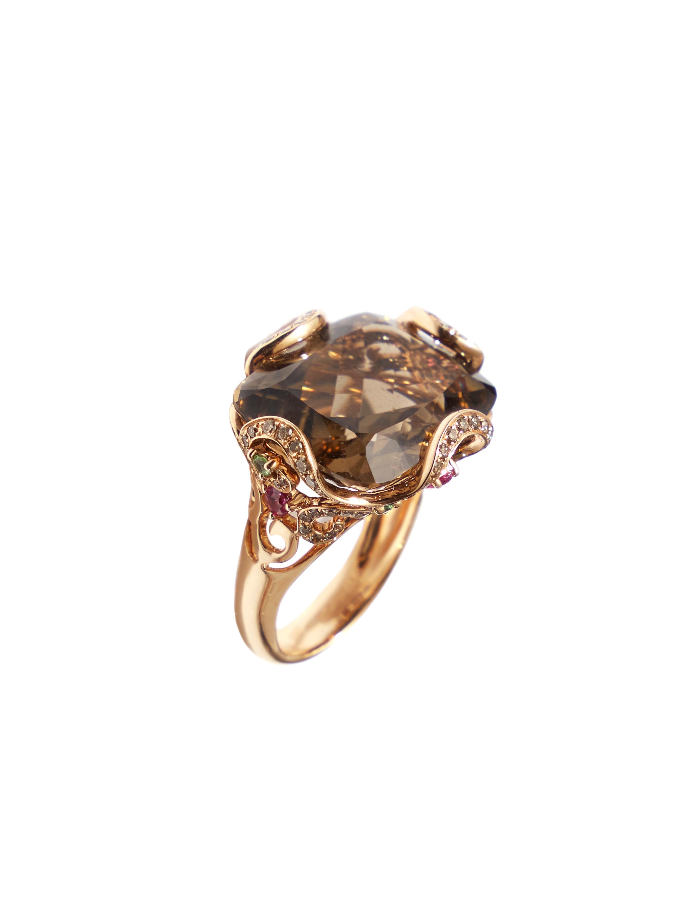 Cushion Cut Bonebakker 18 karat rose gold ring with  cushion smokey quartz and pink sapphire For Sale