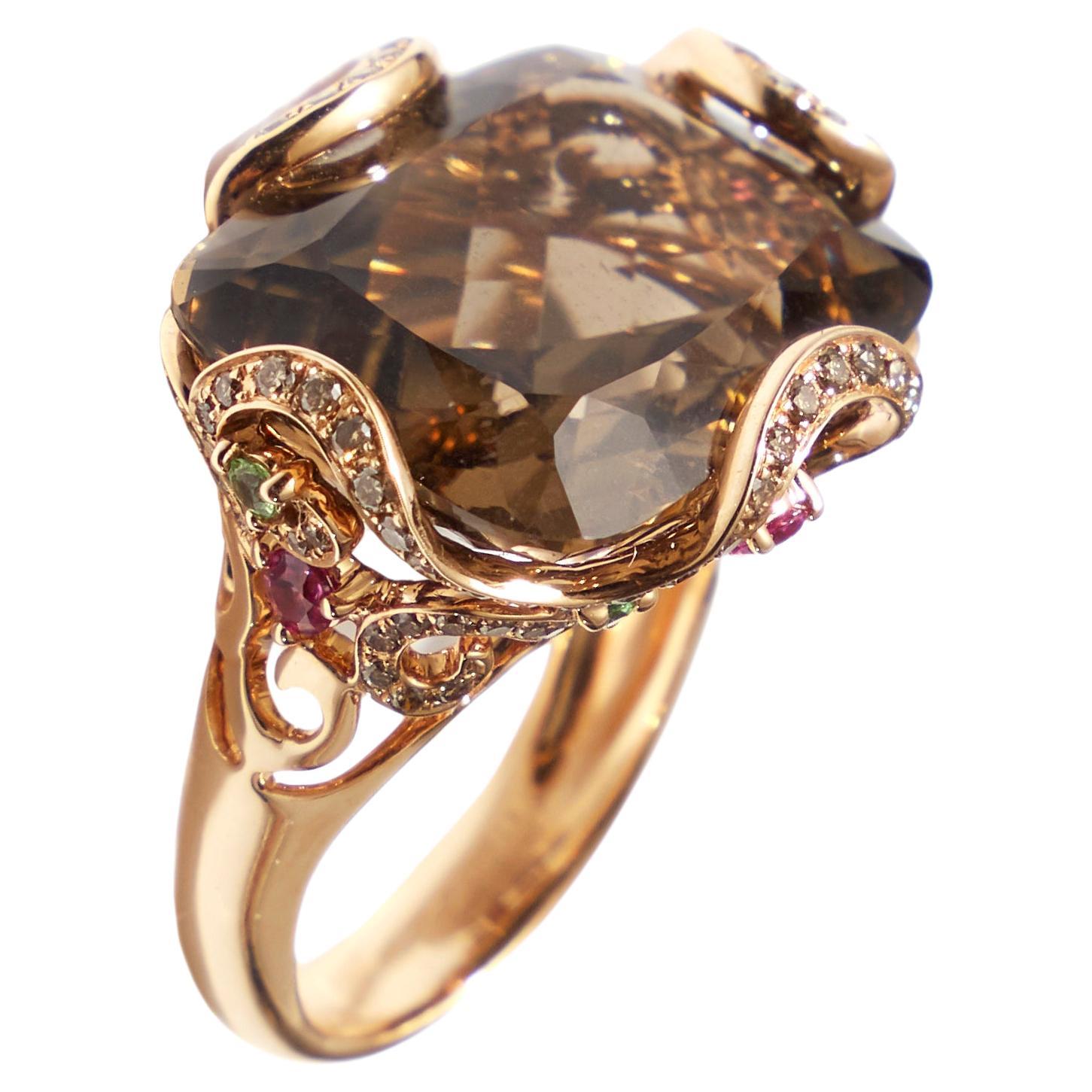 Bonebakker 18 karat rose gold ring with  cushion smokey quartz and pink sapphire For Sale