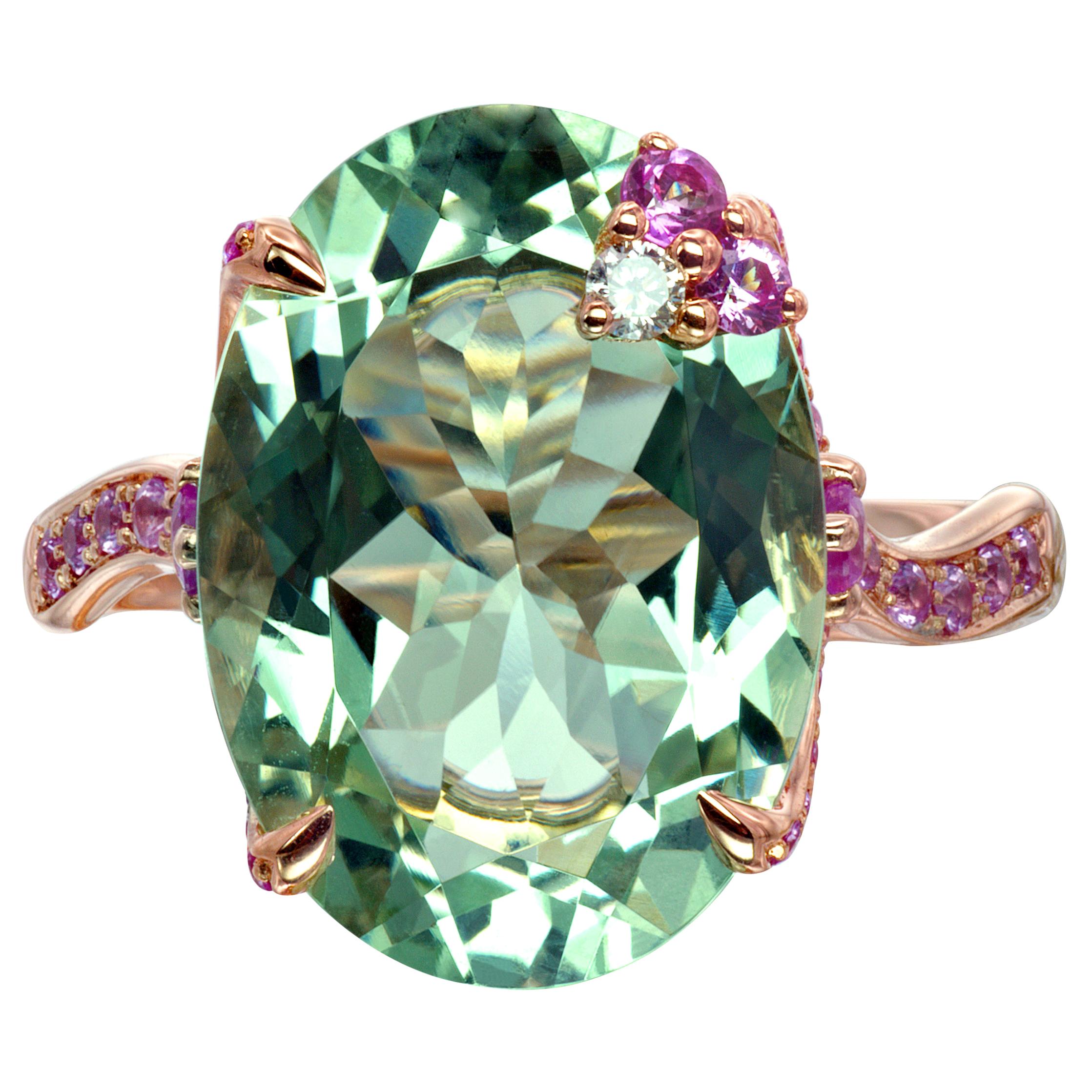 Bonebakker 18 Karat Rose Gold Ring with Green Amethyst Pink Sapphire and Diamond For Sale