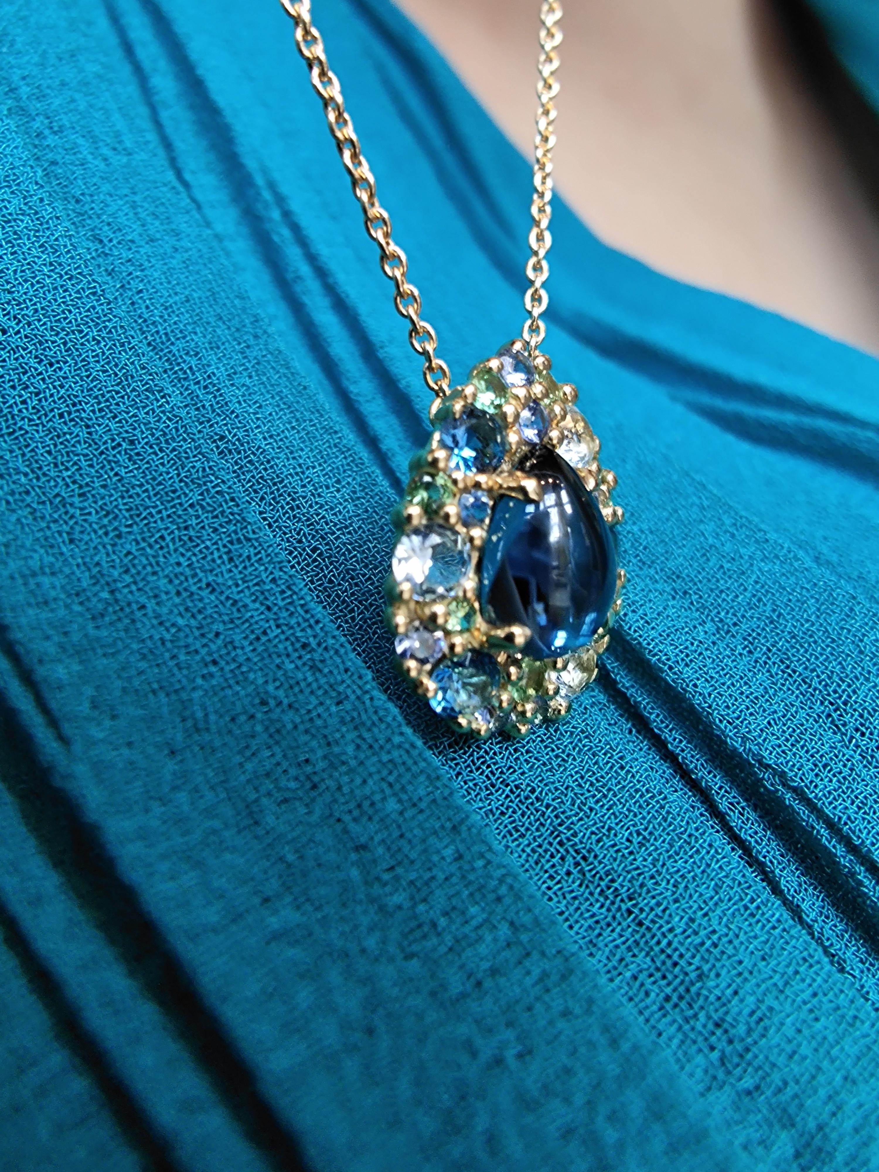 Bonebakker 18 Karat Yellow Gold Pendant with London Blue Topaz and a Mix of Gems In New Condition In Amsterdam, NL