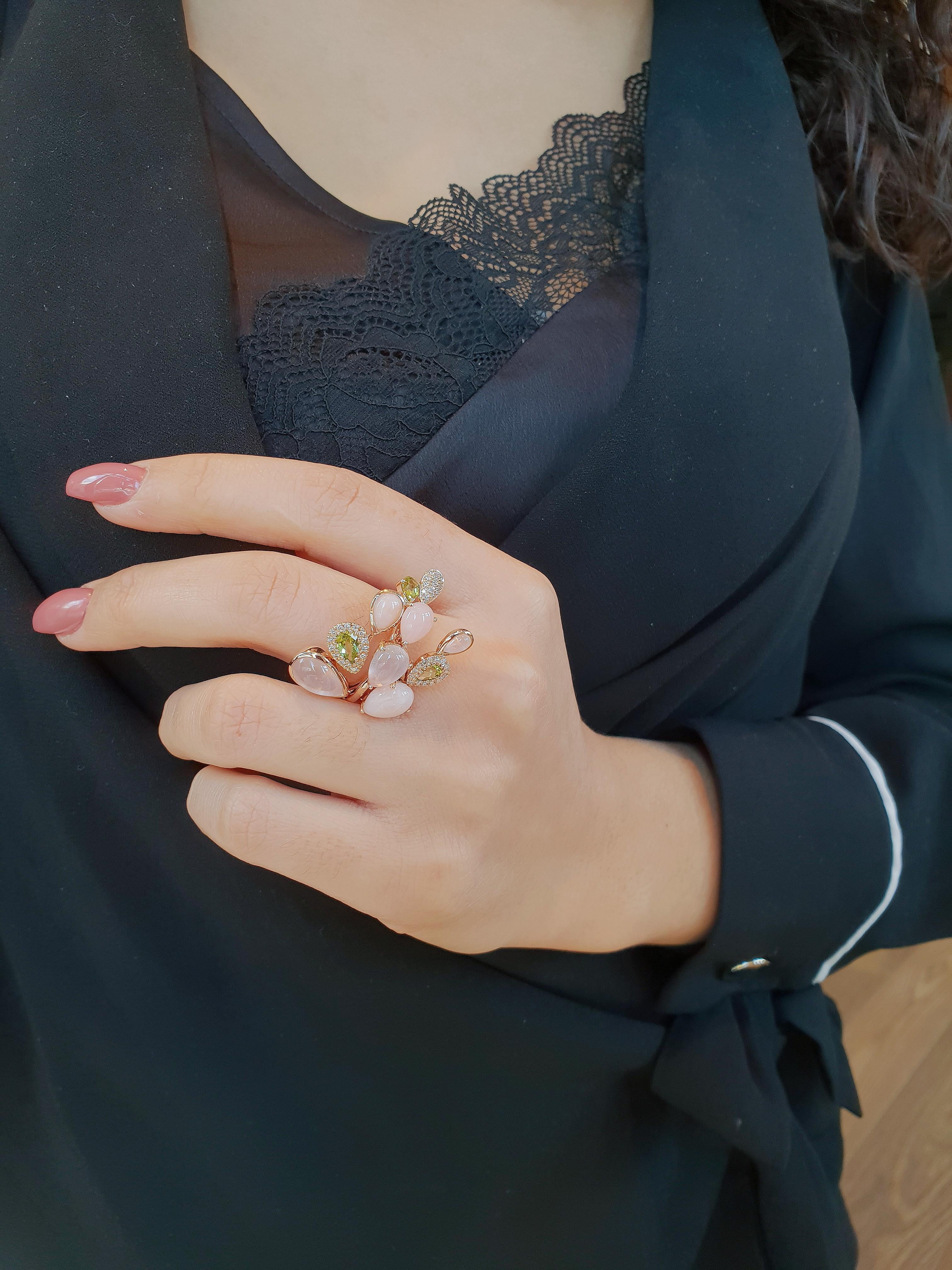 Modern Bonebakker 18 Karat Rose Gold Ring with Peridot, Pink Opal and Diamonds