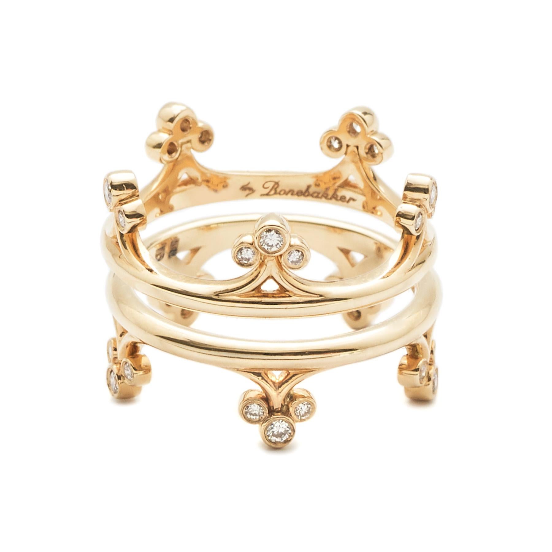 Set of 18 karat yellow gold rings set with  0.30 carat of diamonds per ring are inspired by the Hogesluisbrug in Amsterdam crossing the famous Amstel river. It is one of the most romantic bridges in Amsterdam and beautifully decorated with lanterns.