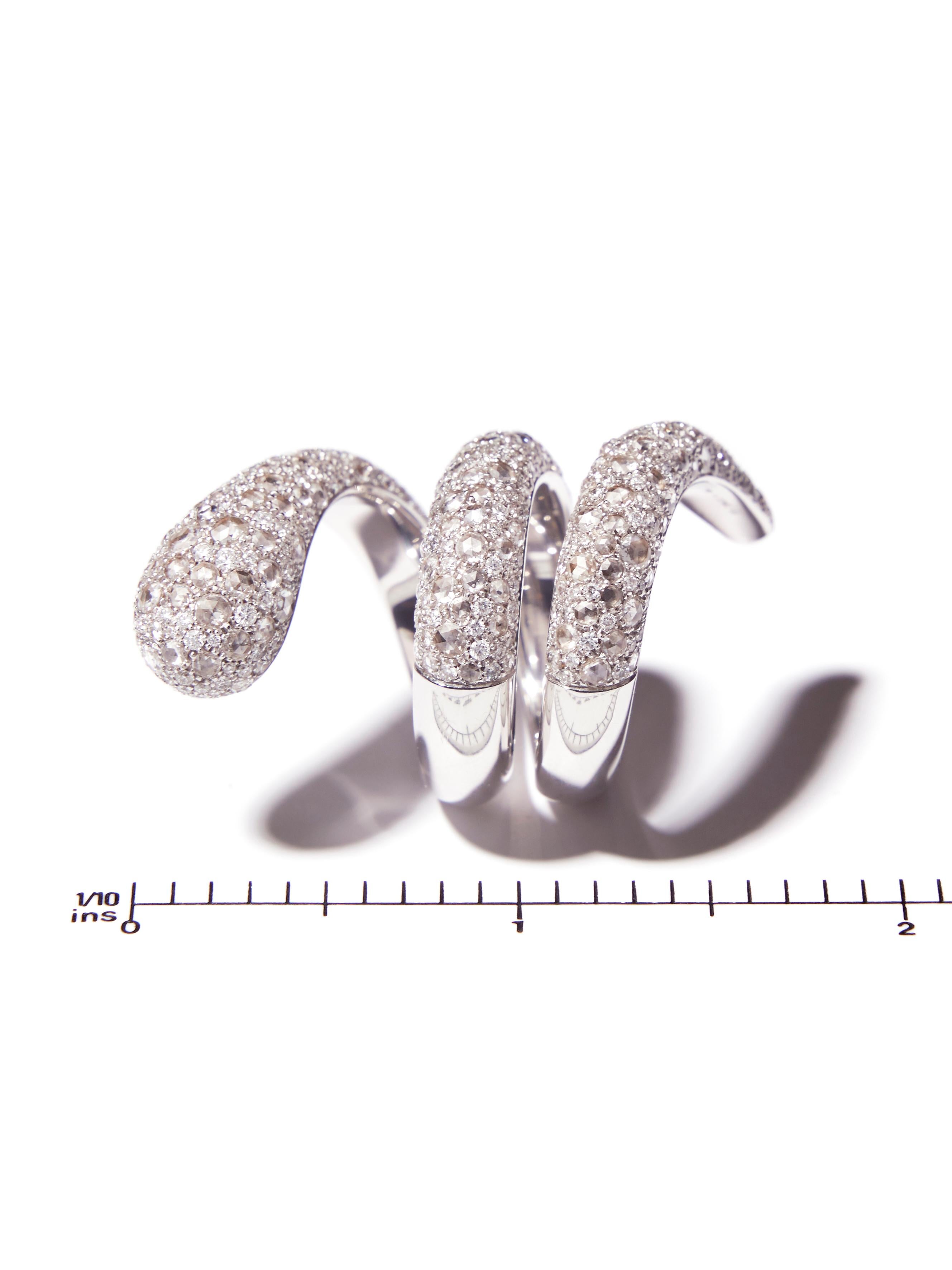 Modern 4.70 Carat Diamond White Gold Snake Ring with brilliant and rose cut diamonds For Sale