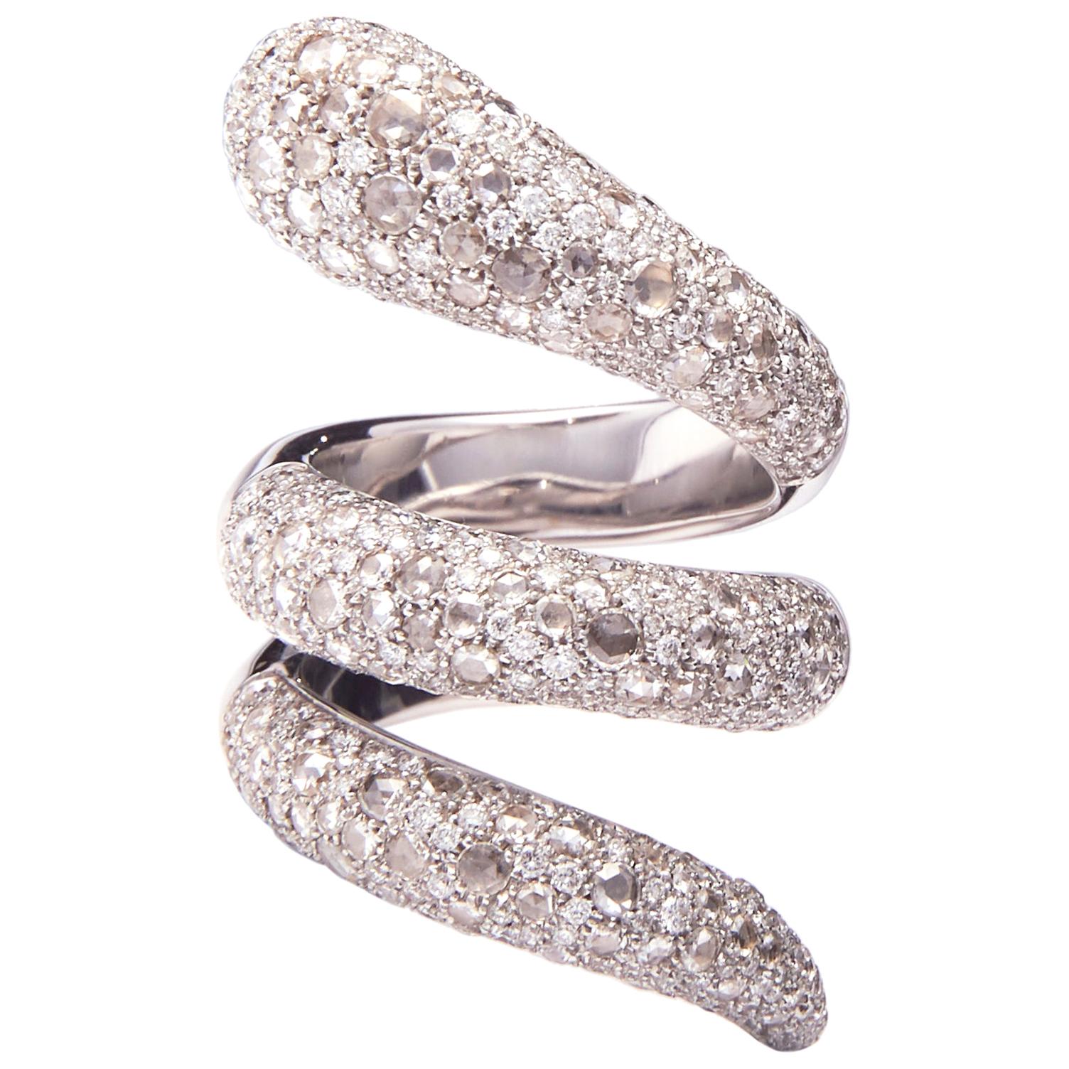 4.70 Carat Diamond White Gold Snake Ring with brilliant and rose cut diamonds For Sale