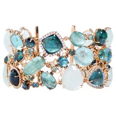 Multi-Shaped Aquamarine, Tourmaline and Diamond Cobblestone Bracelet