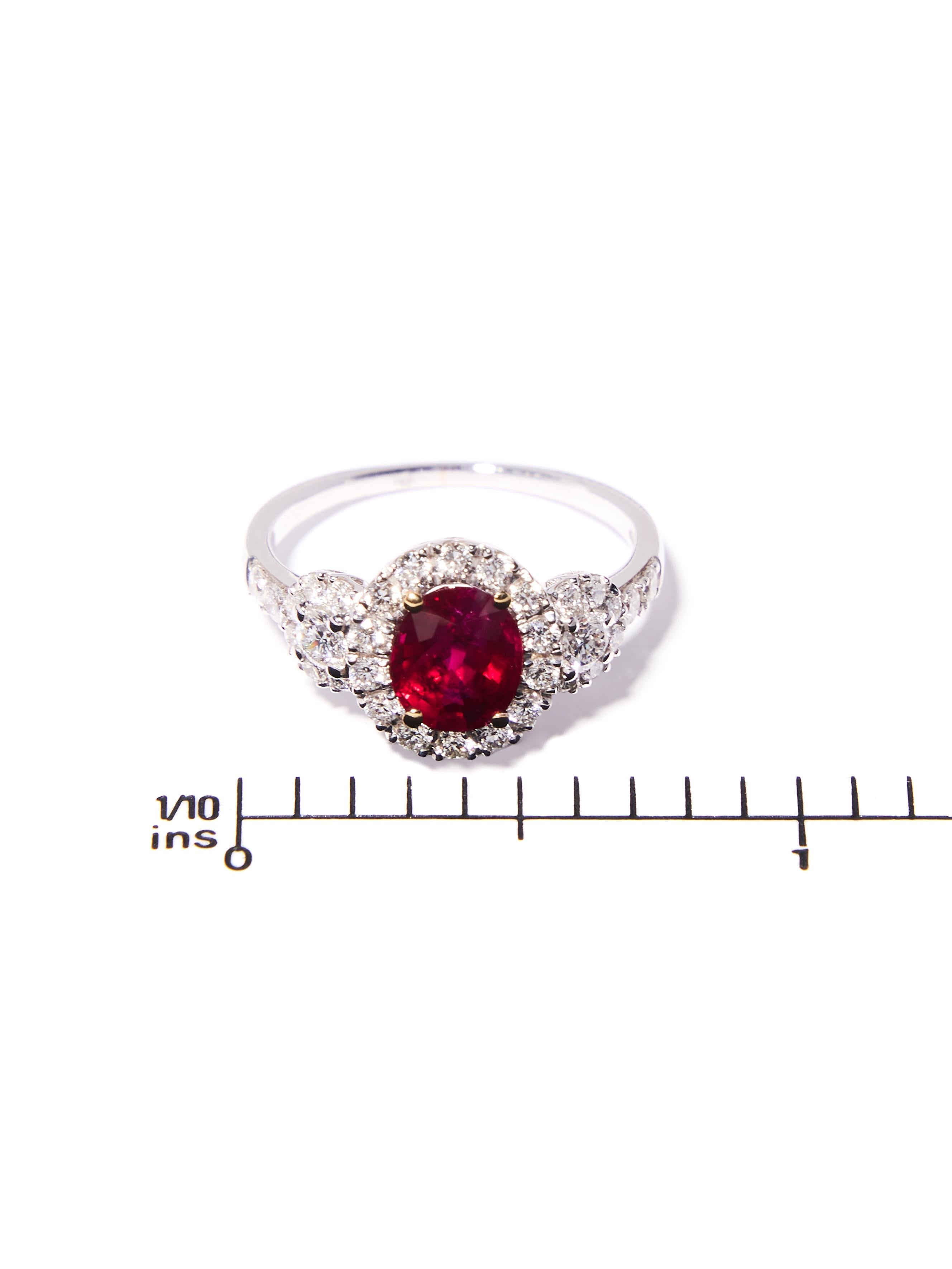 Oval Cut Ring with Oval 1.40 Carat Untreated Mogok Ruby 3-Stone Halo Ring For Sale