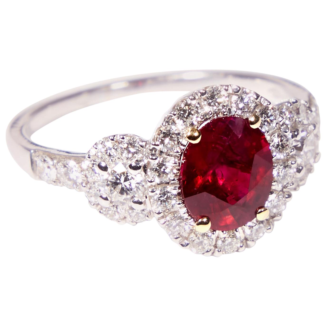 Ring with Oval 1.40 Carat Untreated Mogok Ruby 3-Stone Halo Ring For Sale