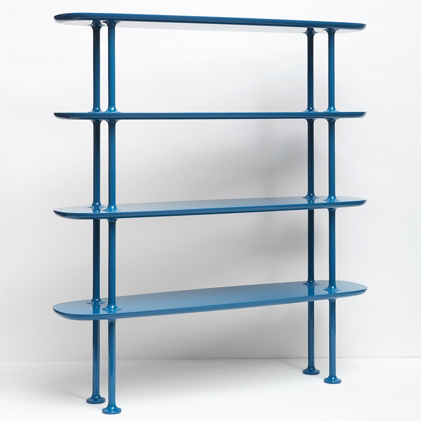 Defined by soft lines and visual lightness, the Bones Bookcase is carefully crafted of solid wood with a glossy cerulean lacquered finish that creates superb visual impact in a modern home or office decor. Four oblong shelves create a symmetrical