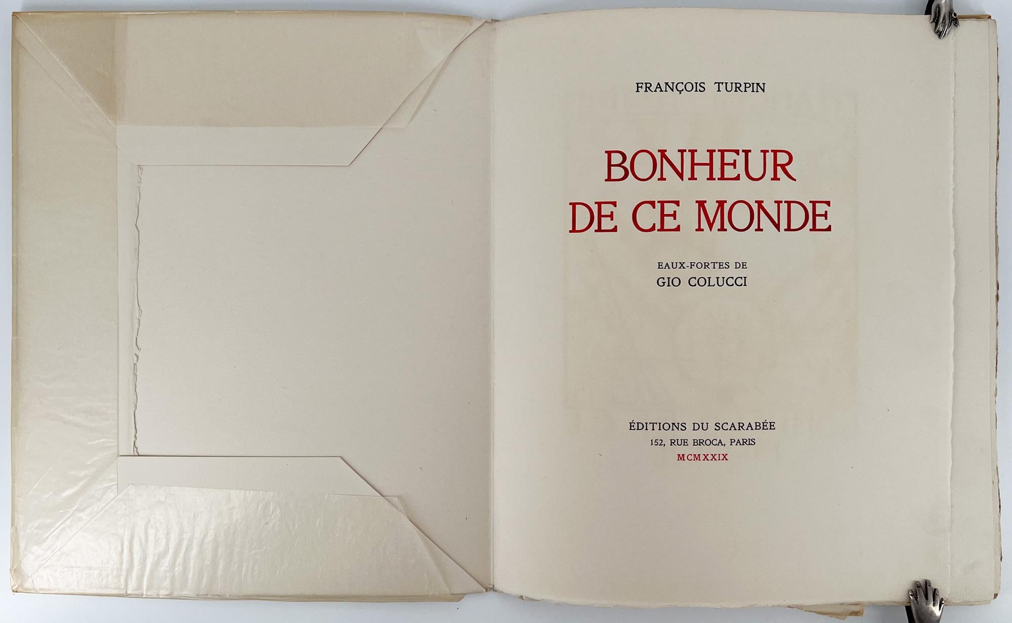 Paris: Éditions du Scarabée, 1929. 
First Edition. 
Large 8vo, 11 7/8 x 9 3/4 inches (302 x 250 mm); 45 pp. with 4 etchings by Gio Colucci. Edition limited to 115 numbered copies on white Arches paper with Jenson type, of which this is copy no. 50