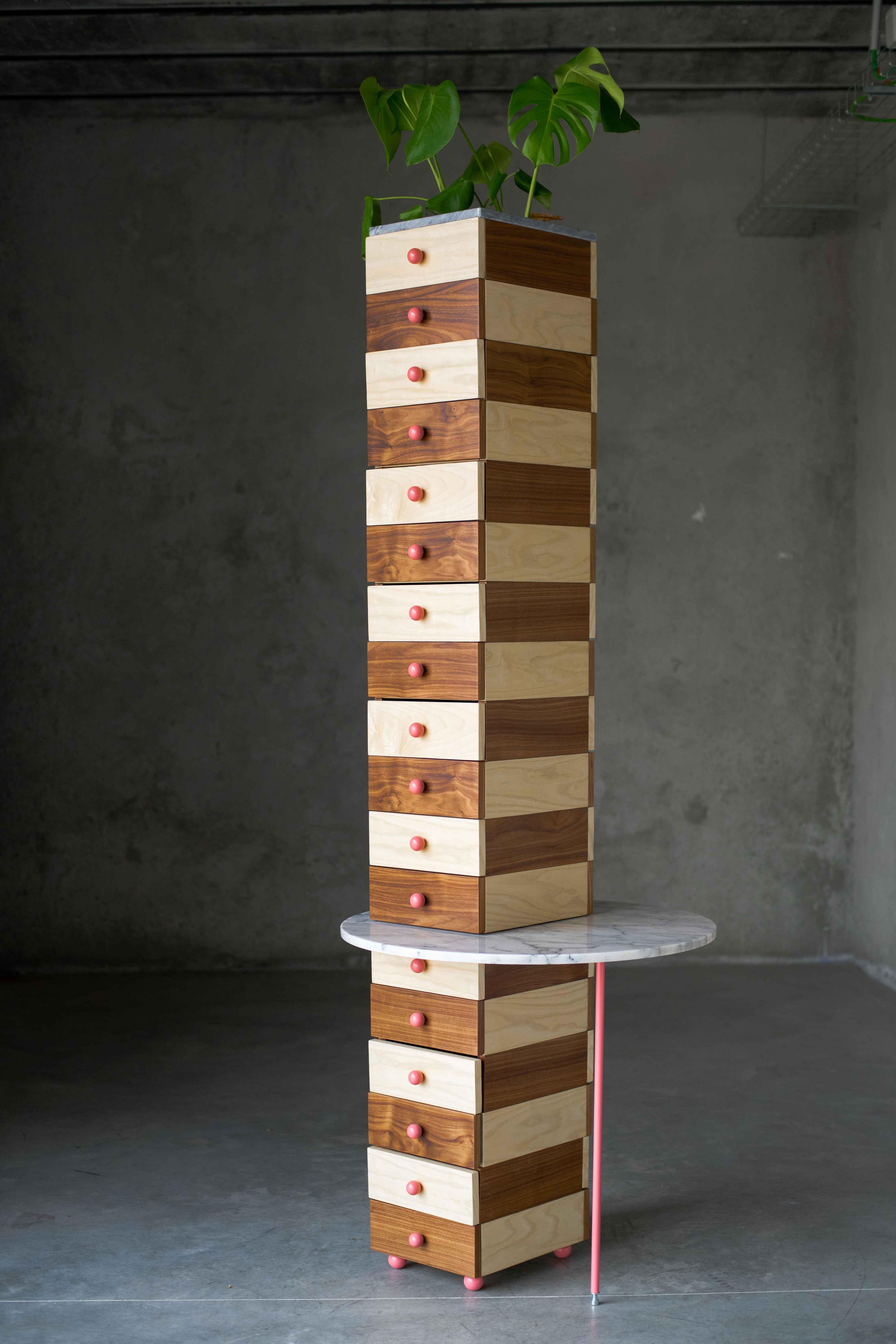 Bonheur Du Jour drawer by MOB 
Limited editions of 15 + 1 prototype
Designer: Fala Atelier (Portugal)
Dimensions: H 200 x D 30 x W 65 cm
Material: Ash wood, walnut wood, lackered wood, pink wood knobs, estremoz marble, negro