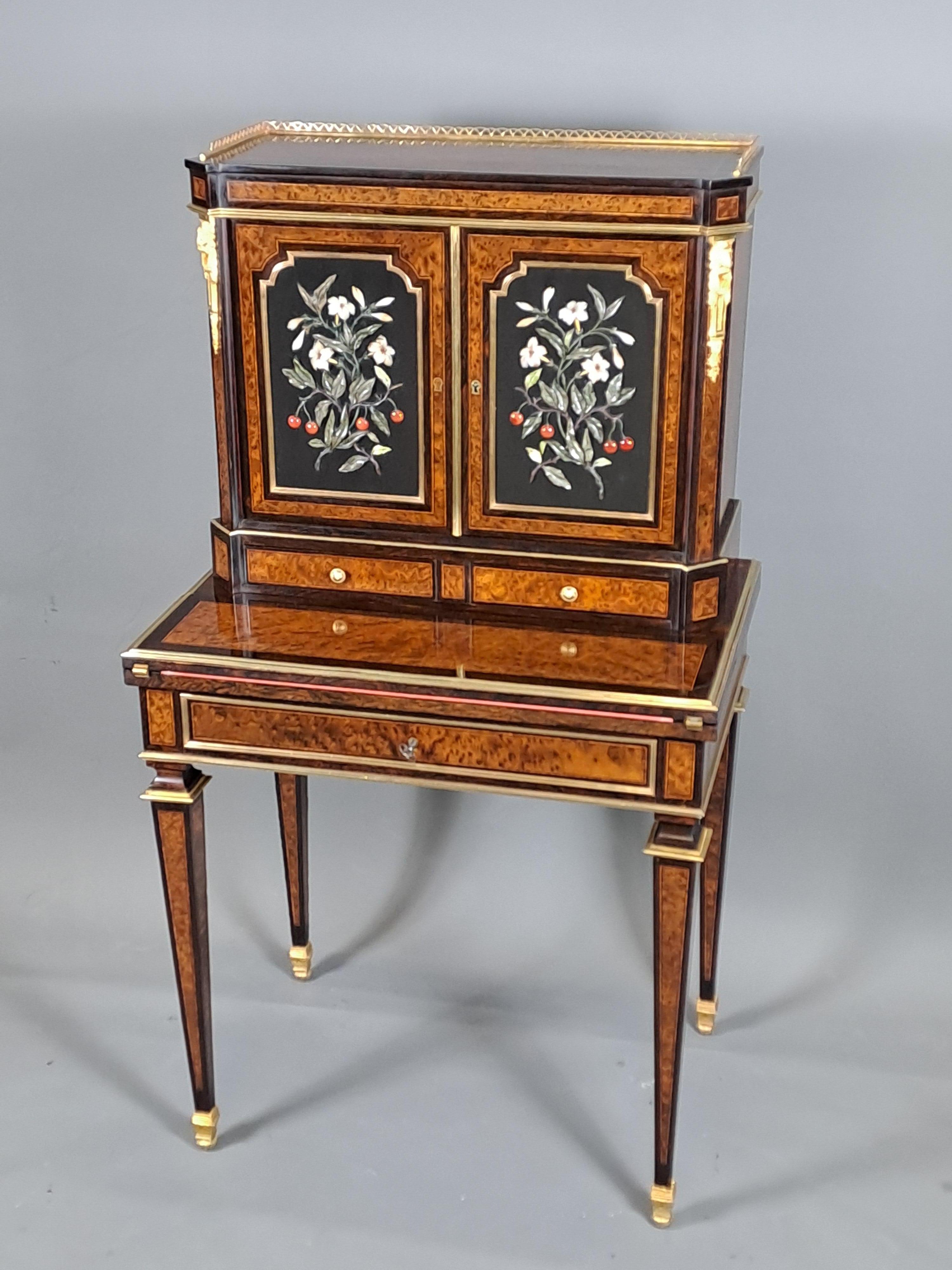 Louis XVI Bonheur Du Jour In Amboyna Burl Marquetry And Hard Stone Panels For Sale