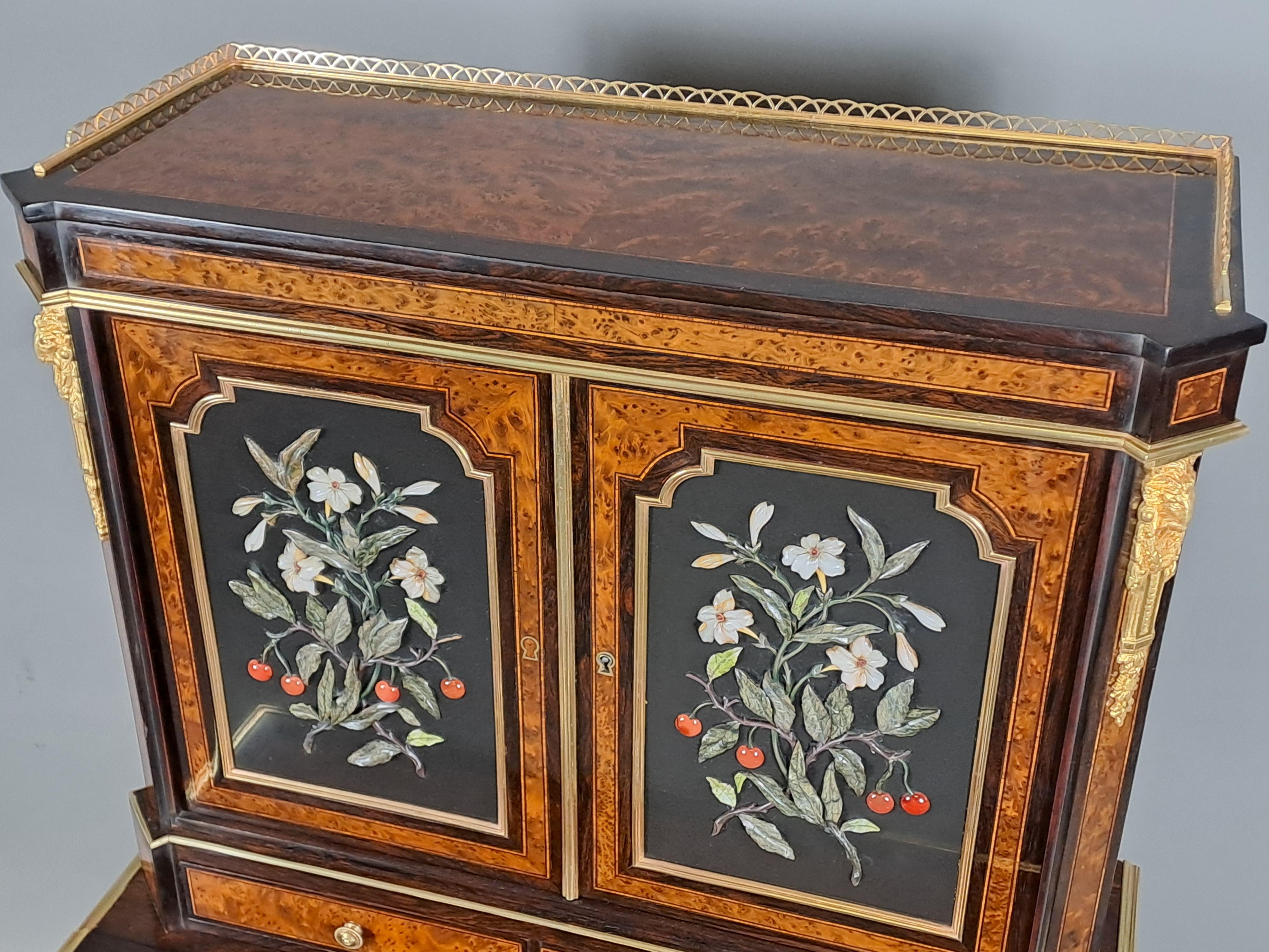 19th Century Bonheur Du Jour In Amboyna Burl Marquetry And Hard Stone Panels For Sale