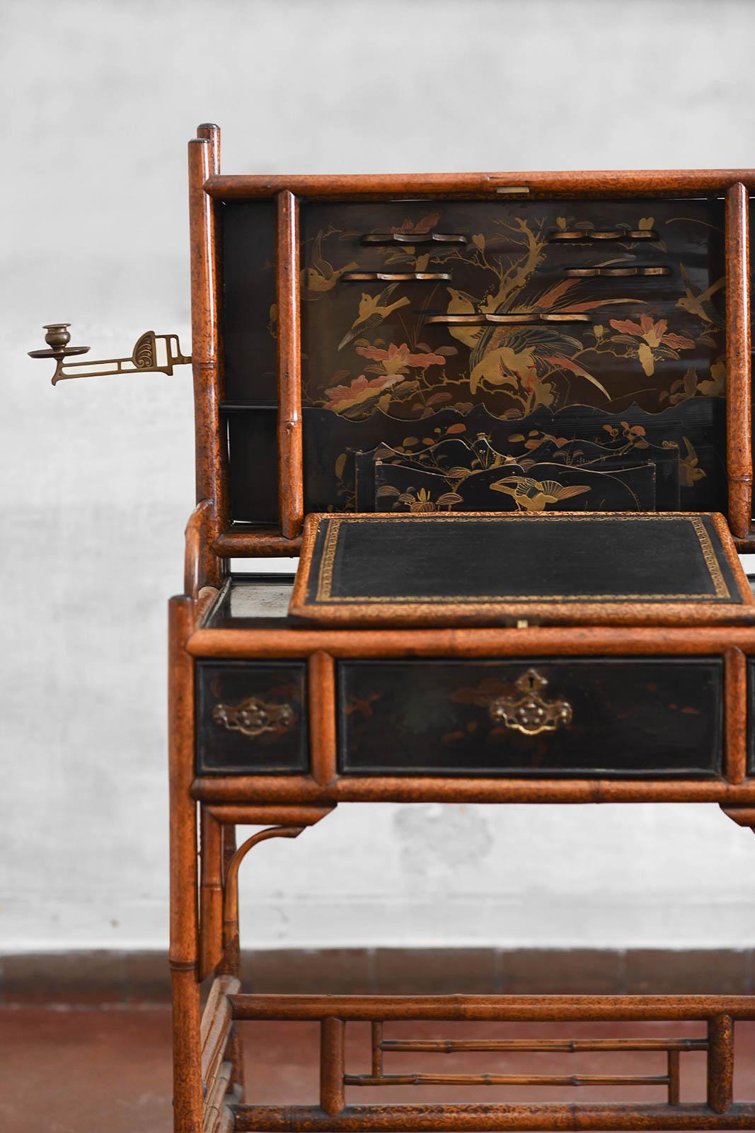 French Bonheur du Jour in Bamboo, in the style of Perret & Viber France Late 19th c.