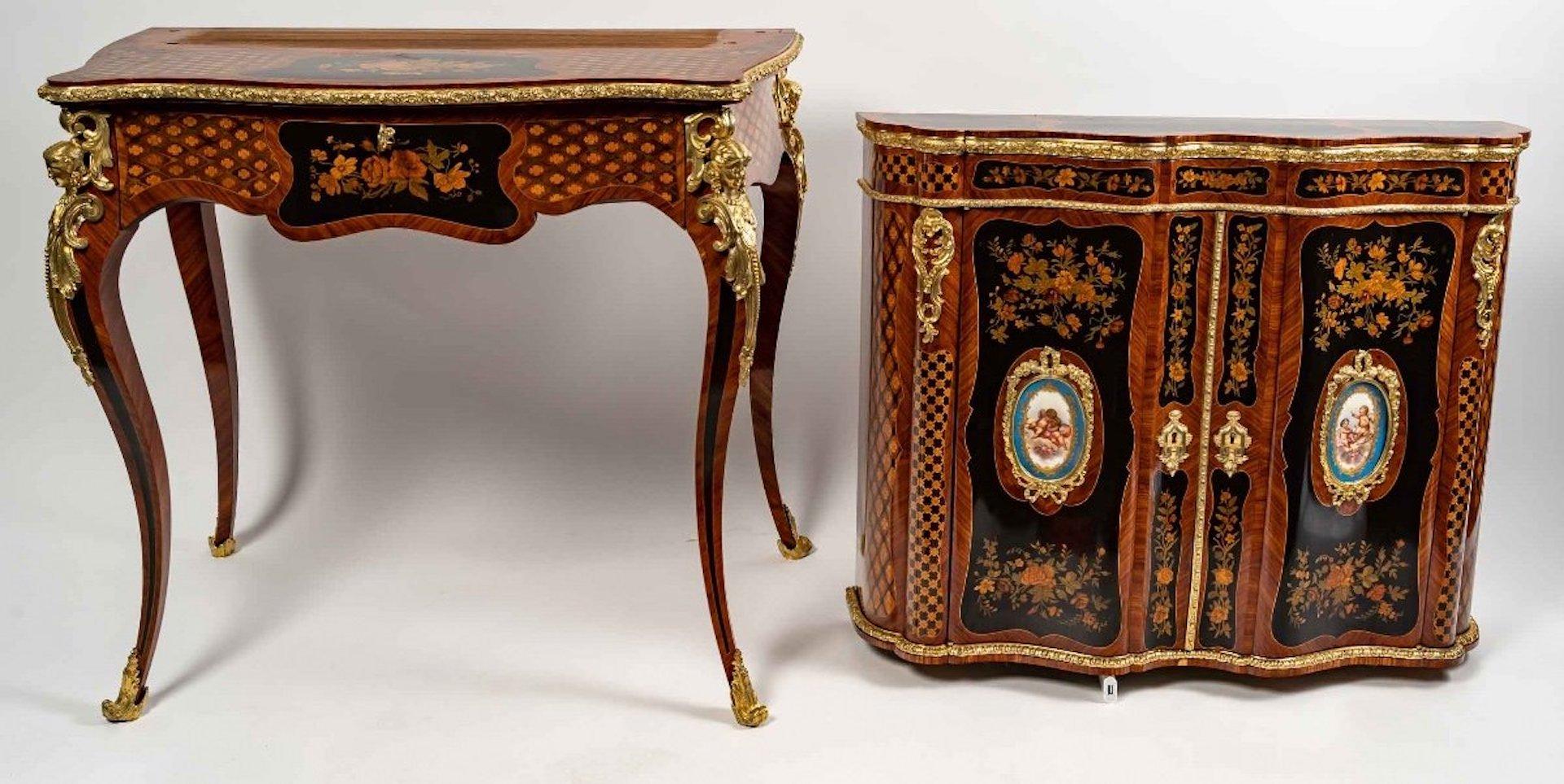 Bonheur Du Jour Secretary in Marquetry and Gilded Bronze End of Xixth Century 4