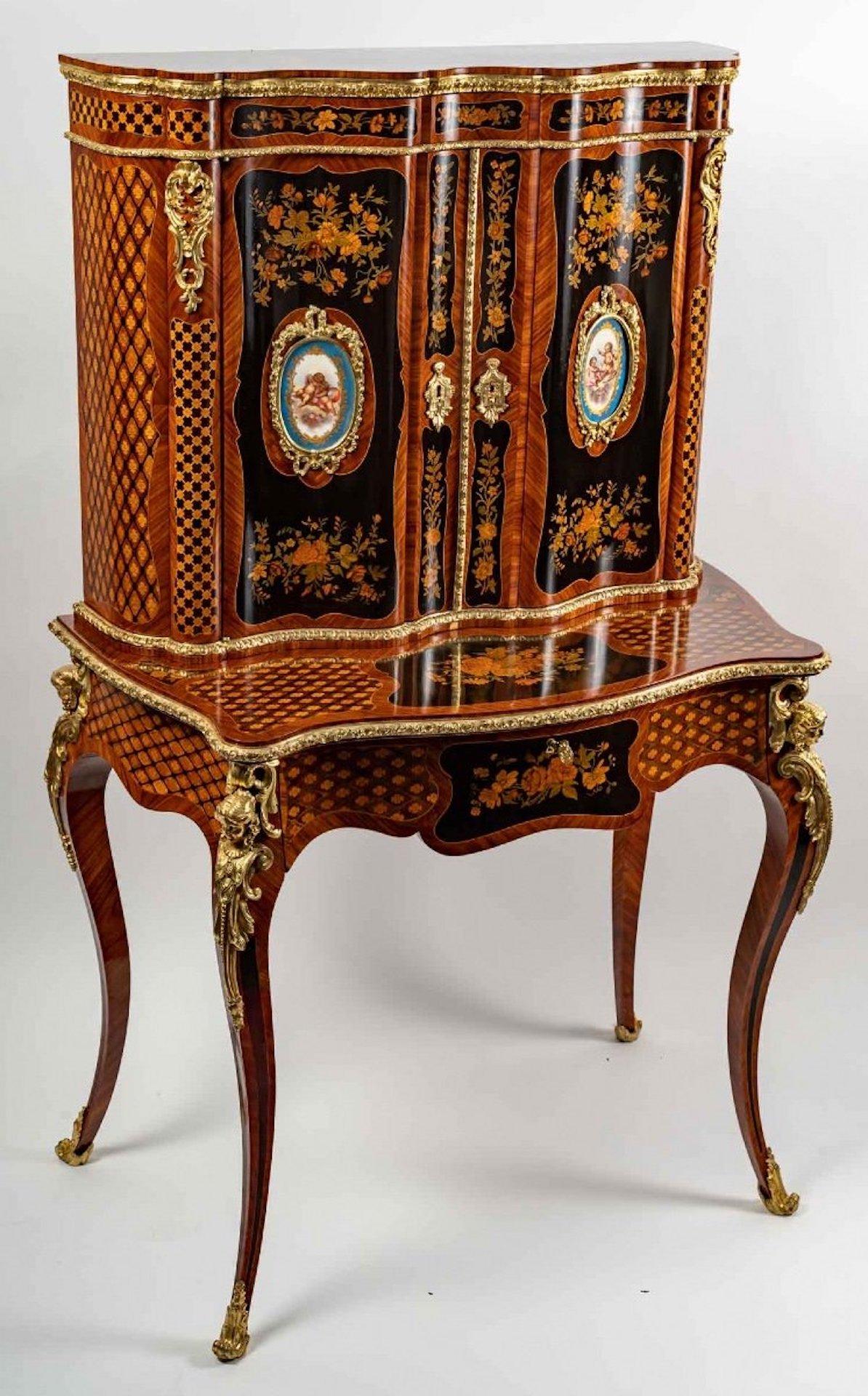 Louis XV Bonheur Du Jour Secretary in Marquetry and Gilded Bronze End of Xixth Century