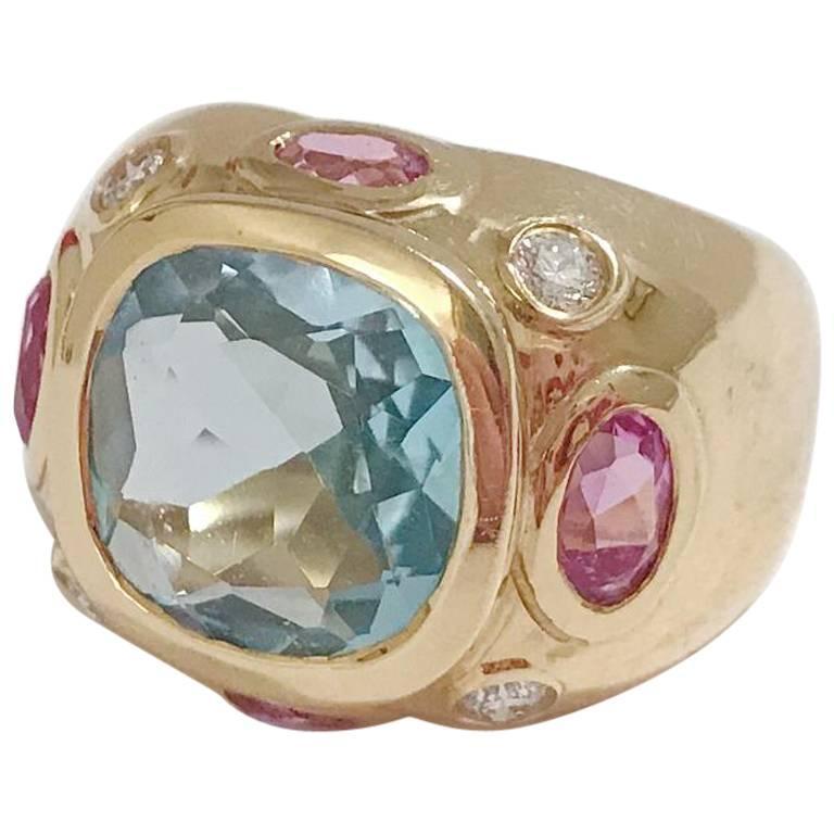 Bonheur Ring, Blue Topaz and Pink Topaz and Diamond Yellow Gold Domed Ring For Sale 6