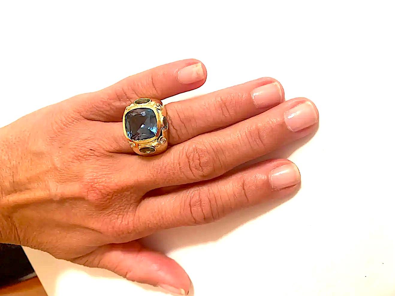 Bonheur Ring, Dark Blue Topaz, Peridot, Blue Topaz and Diamond Domed Ring For Sale 3