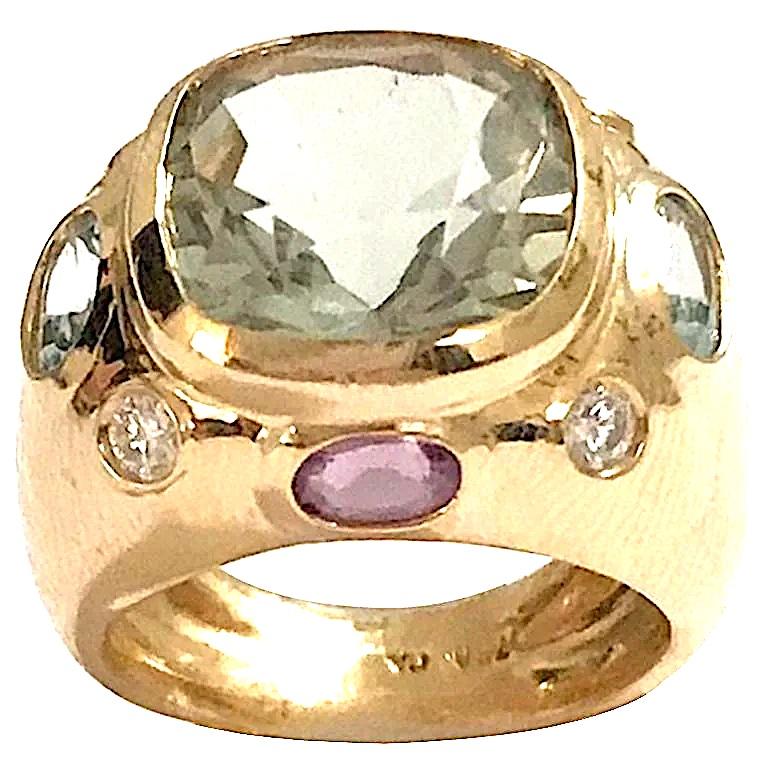 Bonheur Ring, Dark Blue Topaz, Peridot, Blue Topaz and Diamond Domed Ring For Sale 10