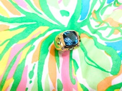 Bonheur Ring, Dark Blue Topaz, Peridot, Blue Topaz and Diamond Domed Ring