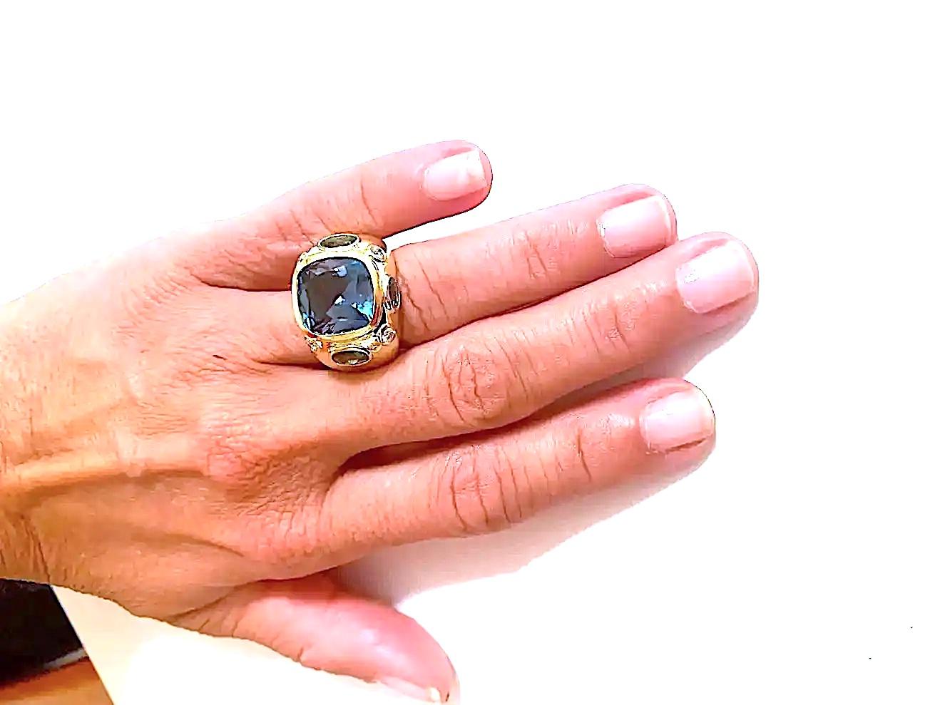 Modern Bonheur Ring, Dark Blue Topaz, Peridot, Blue Topaz and Diamond Domed Ring For Sale