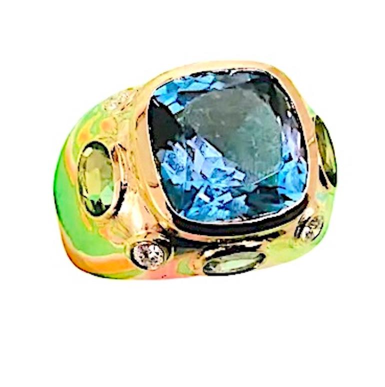 Cushion Cut Bonheur Ring, Dark Blue Topaz, Peridot, Blue Topaz and Diamond Domed Ring For Sale