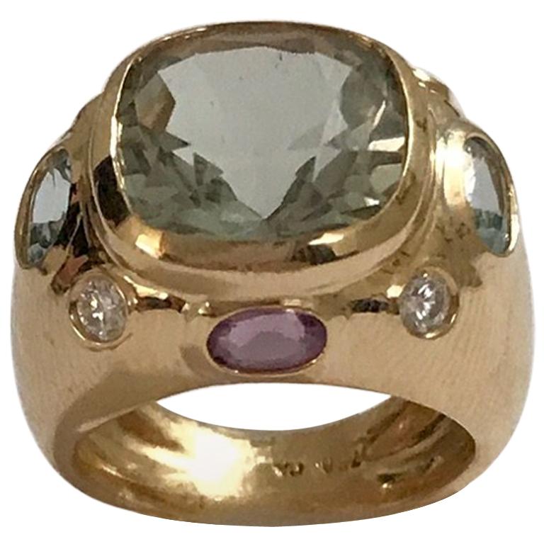 Anello Bonheur, ametista verde, ametista e topazio blu, anello con cupola in oro giallo in vendita 4