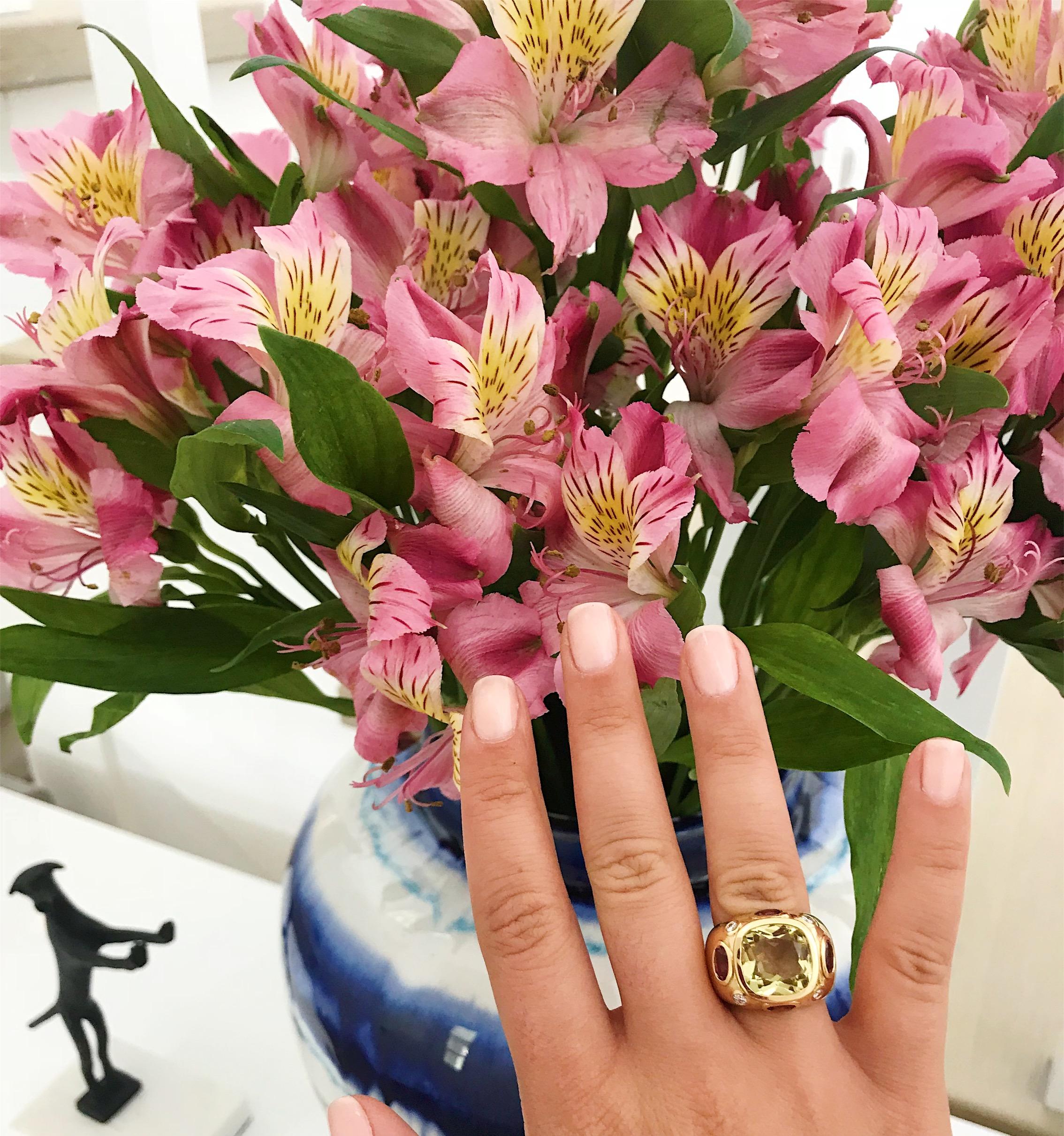 Contemporary Bonheur Ring, Lemon Citrine and Pink Topaz and Diamond Yellow Gold Domed Ring For Sale