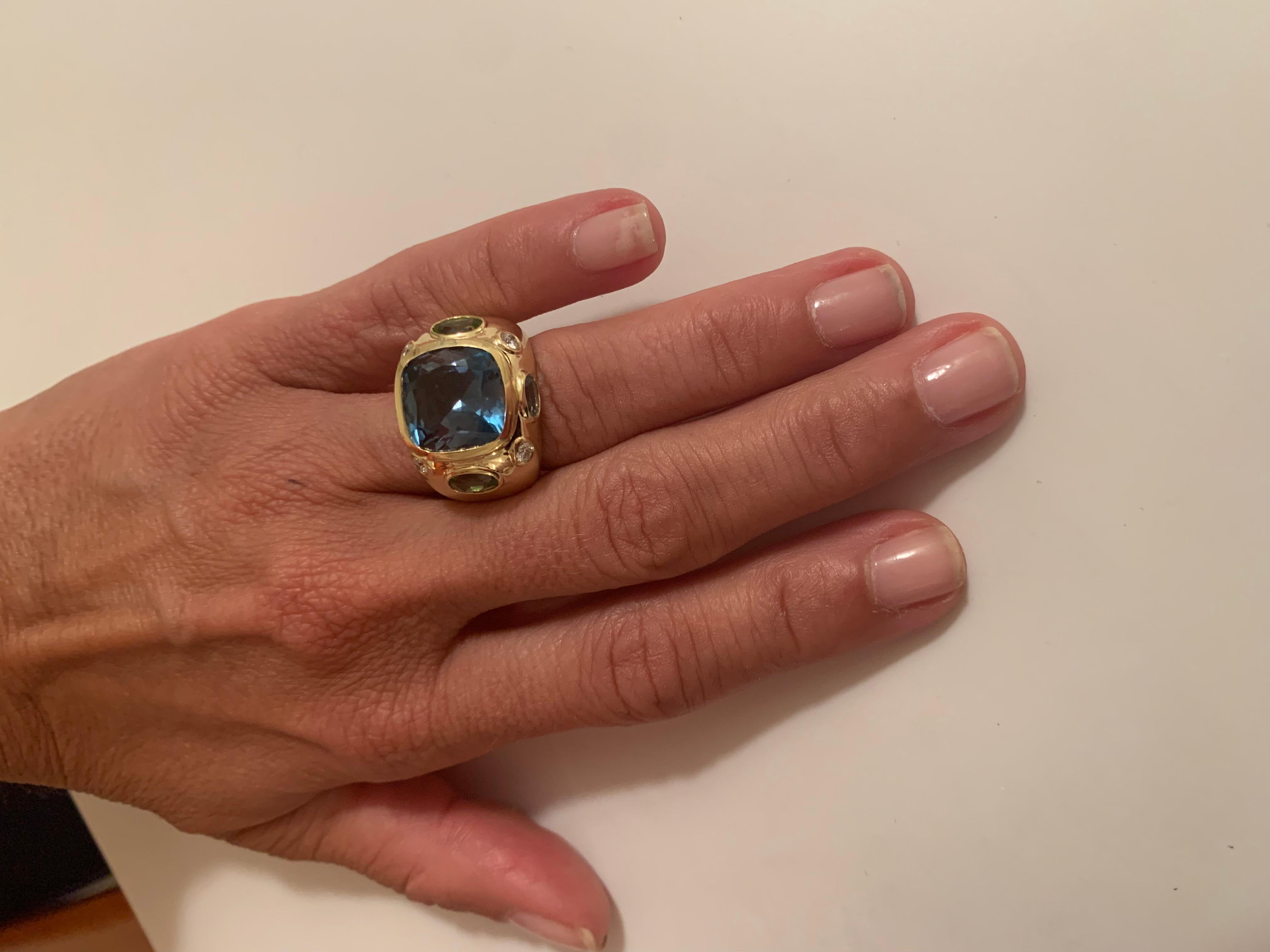 Bonheur Ring, Light Blue Topaz, Peridot, Blue Topaz and Diamond Domed Ring For Sale 5