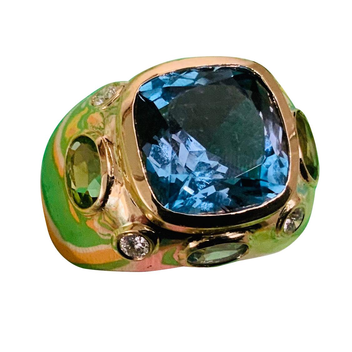 Anello Bonheur, Topazio azzurro, peridoto, topazio azzurro e diamante a cupola in vendita 7