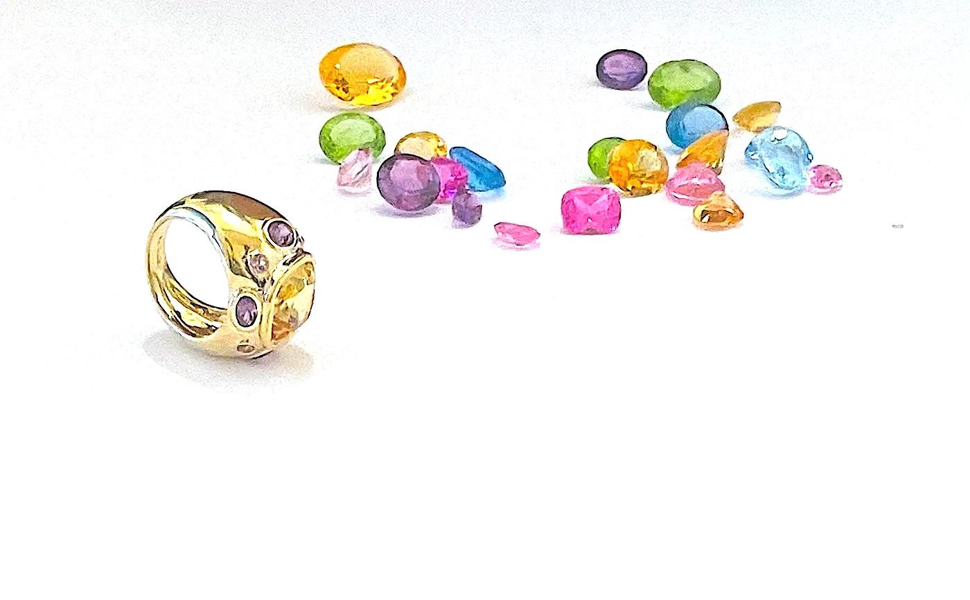 Bonheur Ring, Light Blue Topaz, Peridot, Blue Topaz and Diamond Domed Ring For Sale 10