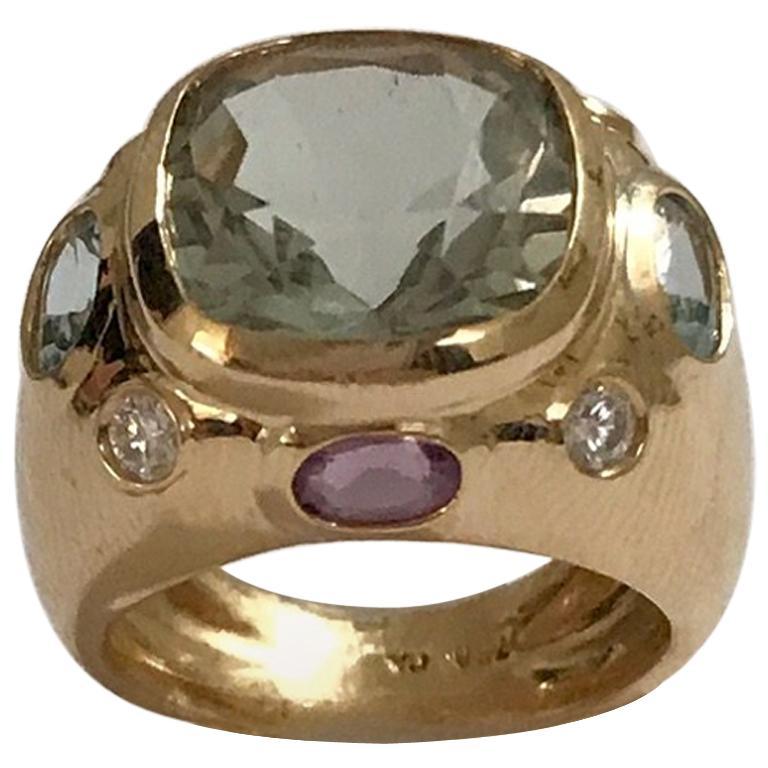 Anillo Bonheur, Topacio Rosa y Peridoto y Diamante Anillo de Oro Amarillo con Cúpula en venta 6
