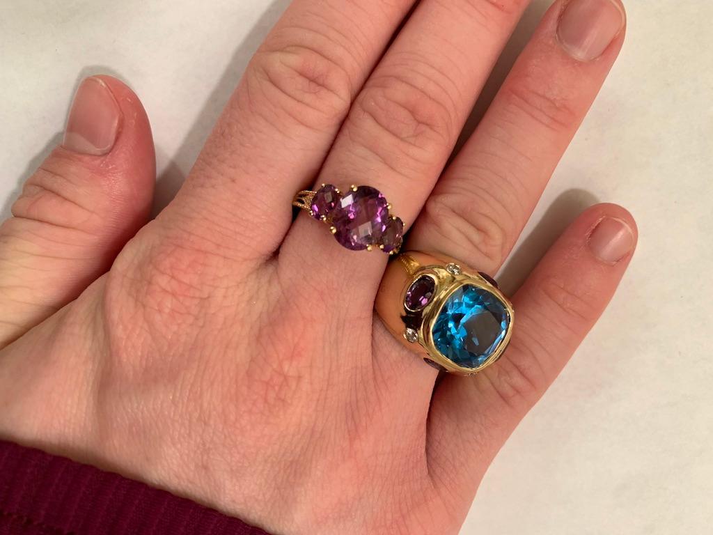 Modern Bonheur Ring with Blue Topaz, Amethyst and Diamond Domed Ring For Sale