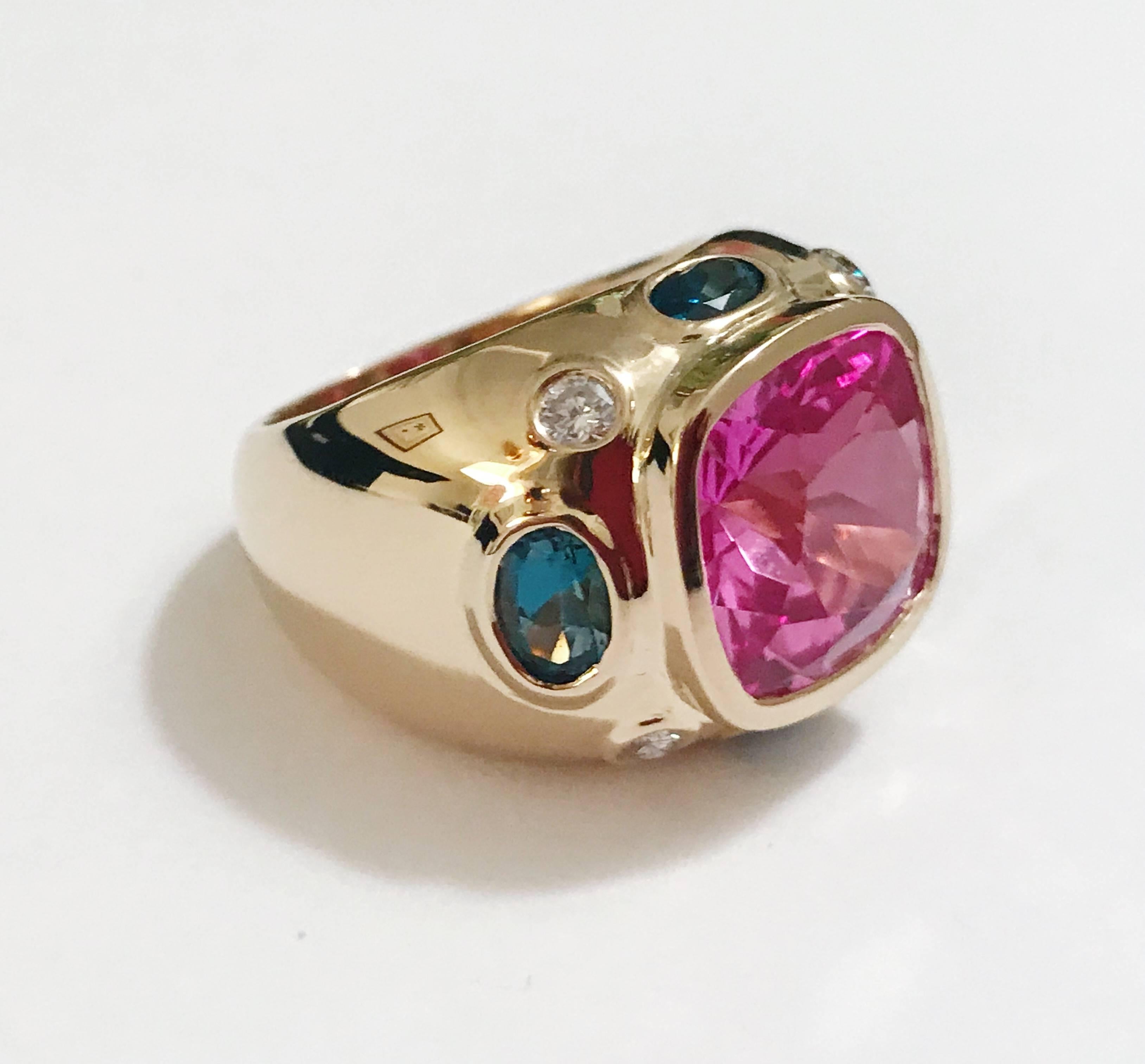 Modern Bonheur Ring, Pink Topaz and Blue Topaz and Diamond Yellow Gold Domed Ring For Sale