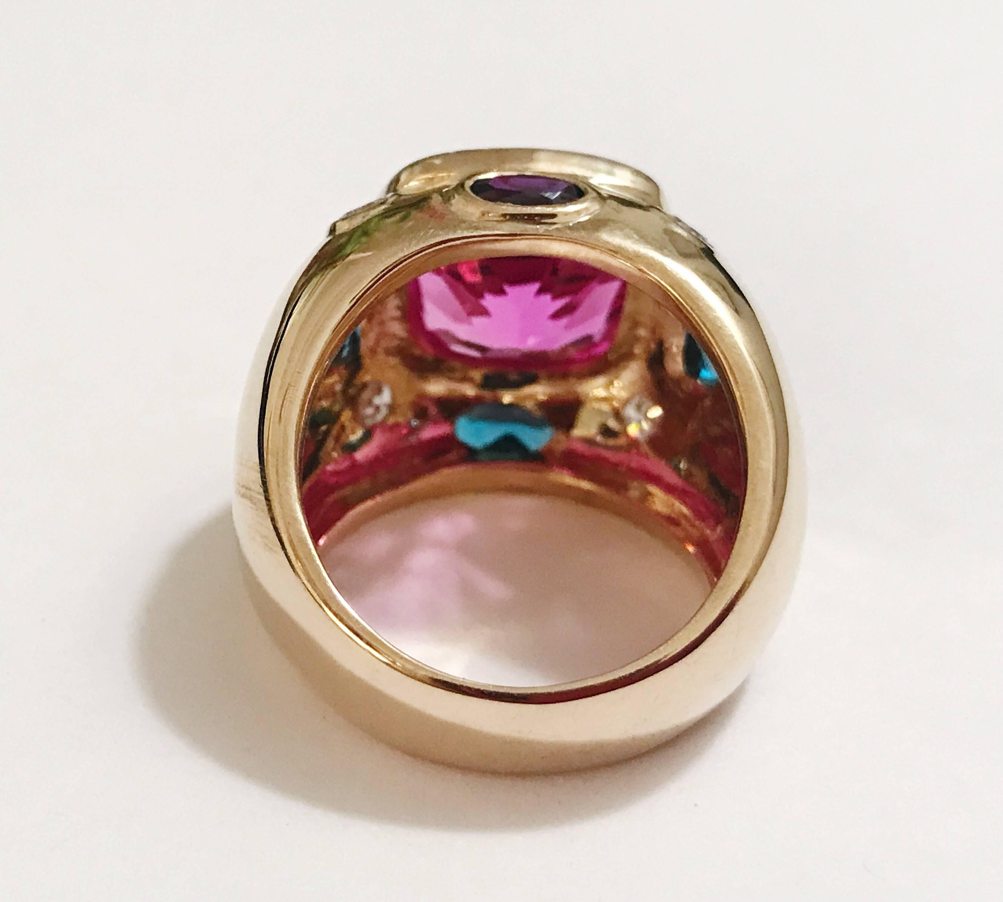Women's Bonheur Ring, Pink Topaz and Blue Topaz and Diamond Yellow Gold Domed Ring For Sale