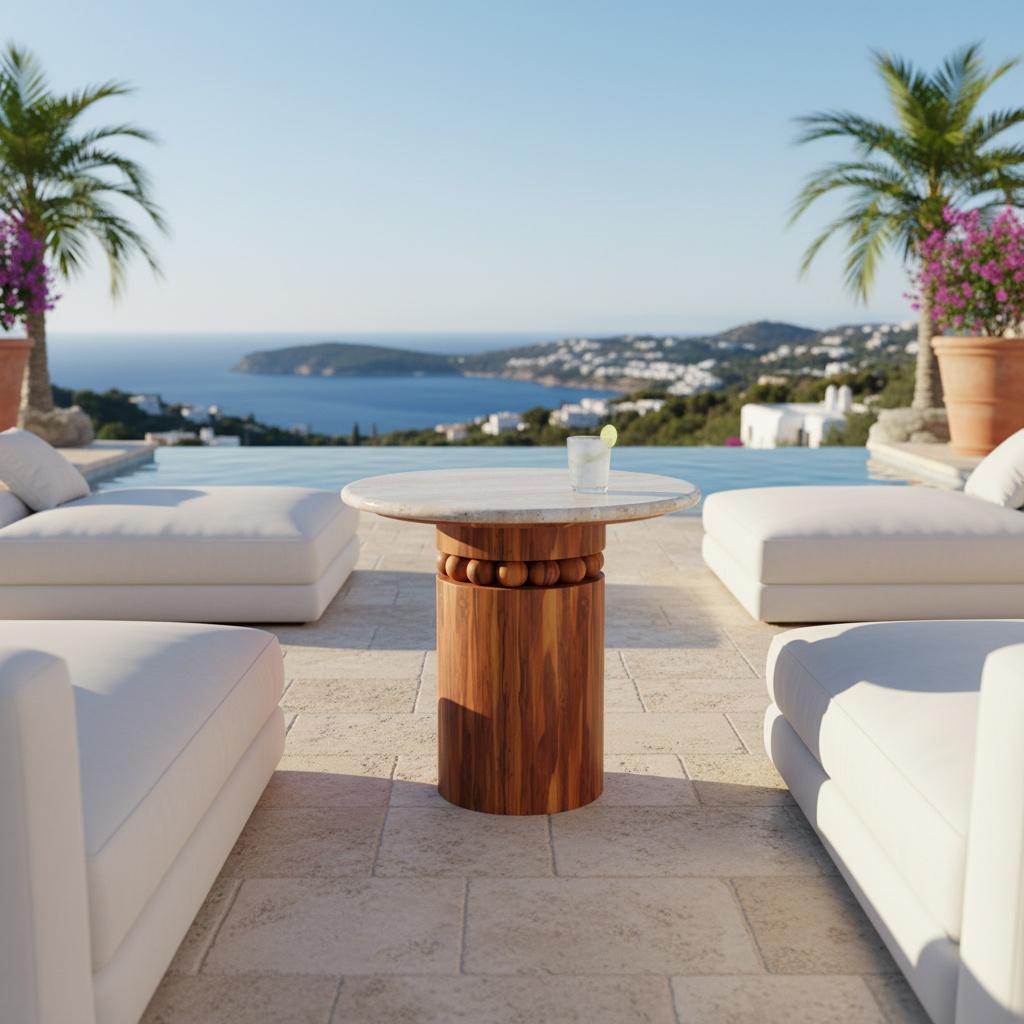 Il tavolino Bonifacio, creato in collaborazione con Mediterrazza, combina l'eleganza mediterranea con un'artigianalità senza tempo. Realizzato a mano con un piano in travertino naturale e una base in legno massiccio di iroko, questo pezzo è stato