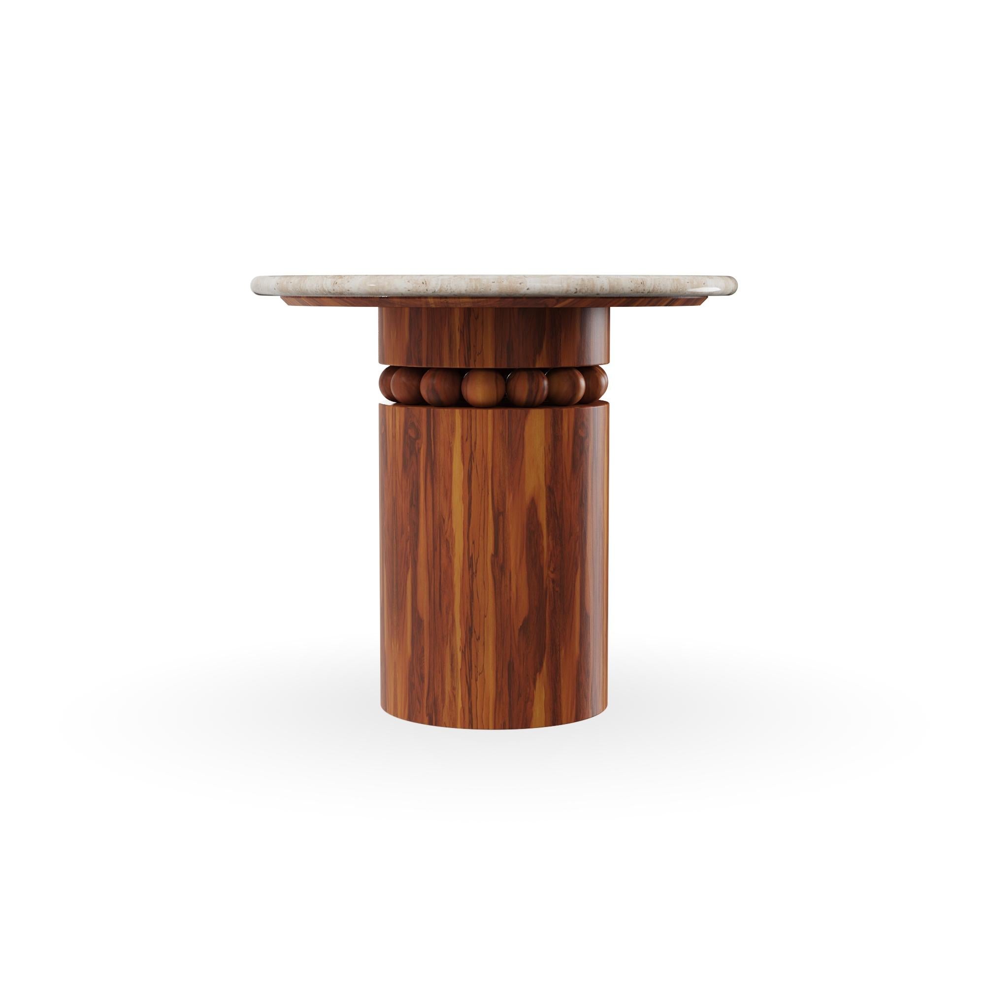 Moderno Bonifacio Outdoor Side Table - Travertine Top & Iroko Wood Base in vendita