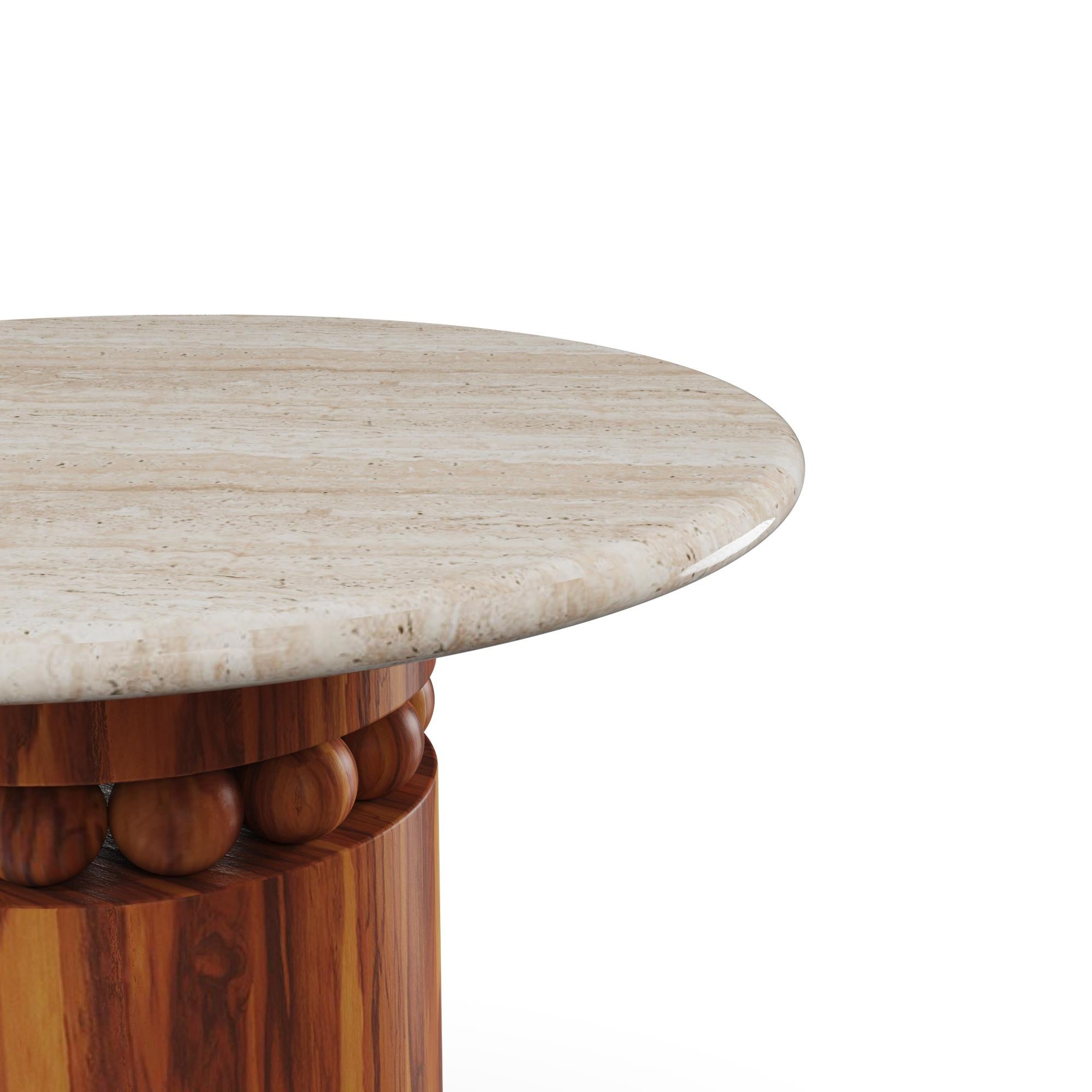 Portoghese Bonifacio Outdoor Side Table - Travertine Top & Iroko Wood Base in vendita