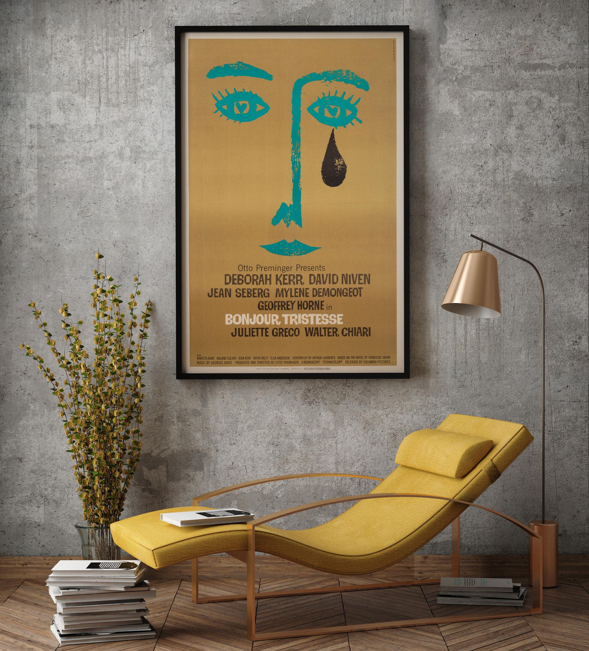 Saul Bass rarely fails to deliver and his design for Otto Preminger’s 50s Bonjour Tristesse is no exception. Simply wonderful, contemporary artwork.

Professionally cleaned, de-acidified and linen-backed. This vintage movie poster is sized 27 x 41