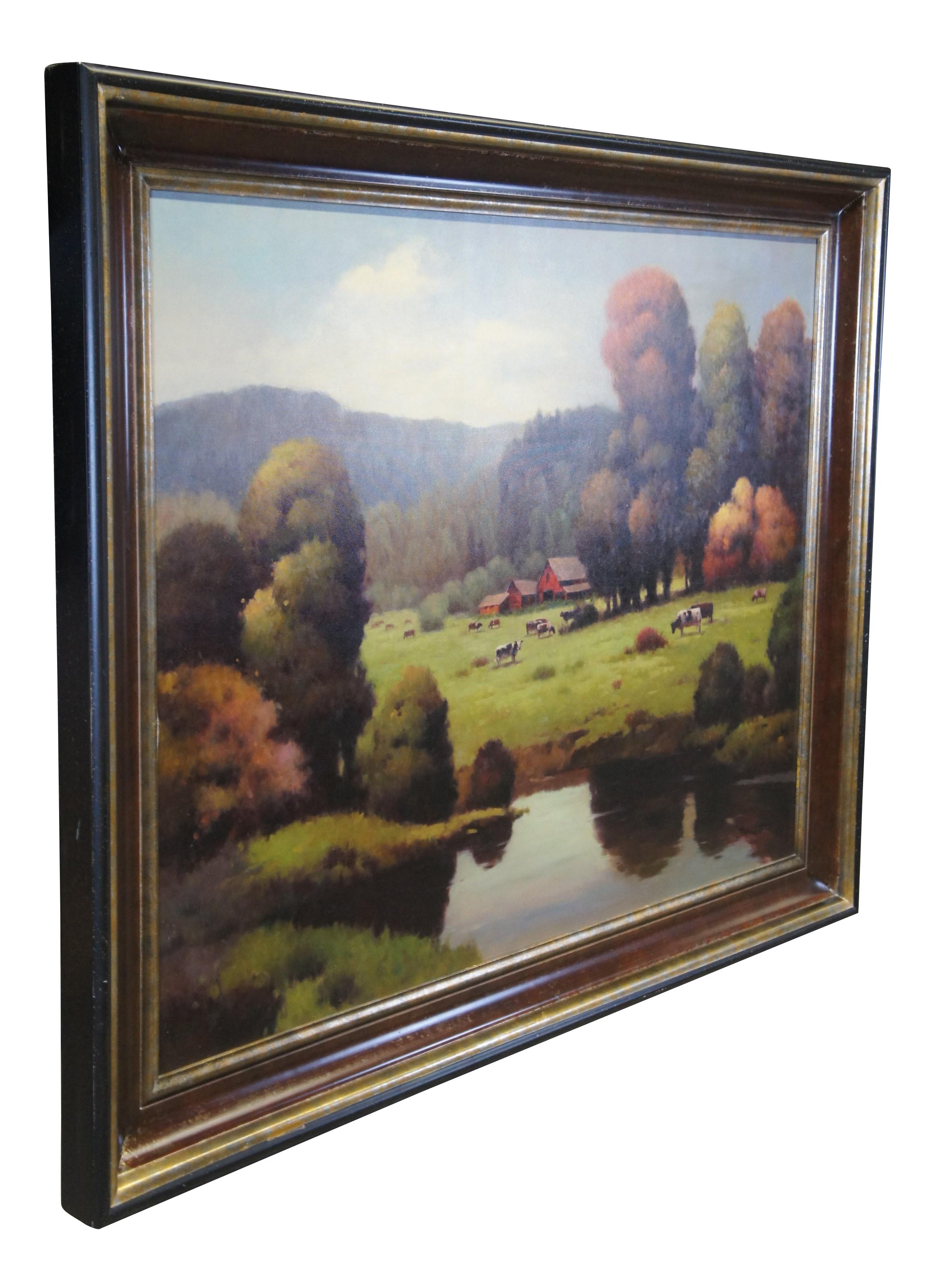 A very large and impressive Autumn landscape oil painting on canvas featuring a densly wooded countryside farm with cows grazing in the fields and red barns / farmhouses.  Signed lower right by Bonnatt.  From the private collection of Gene