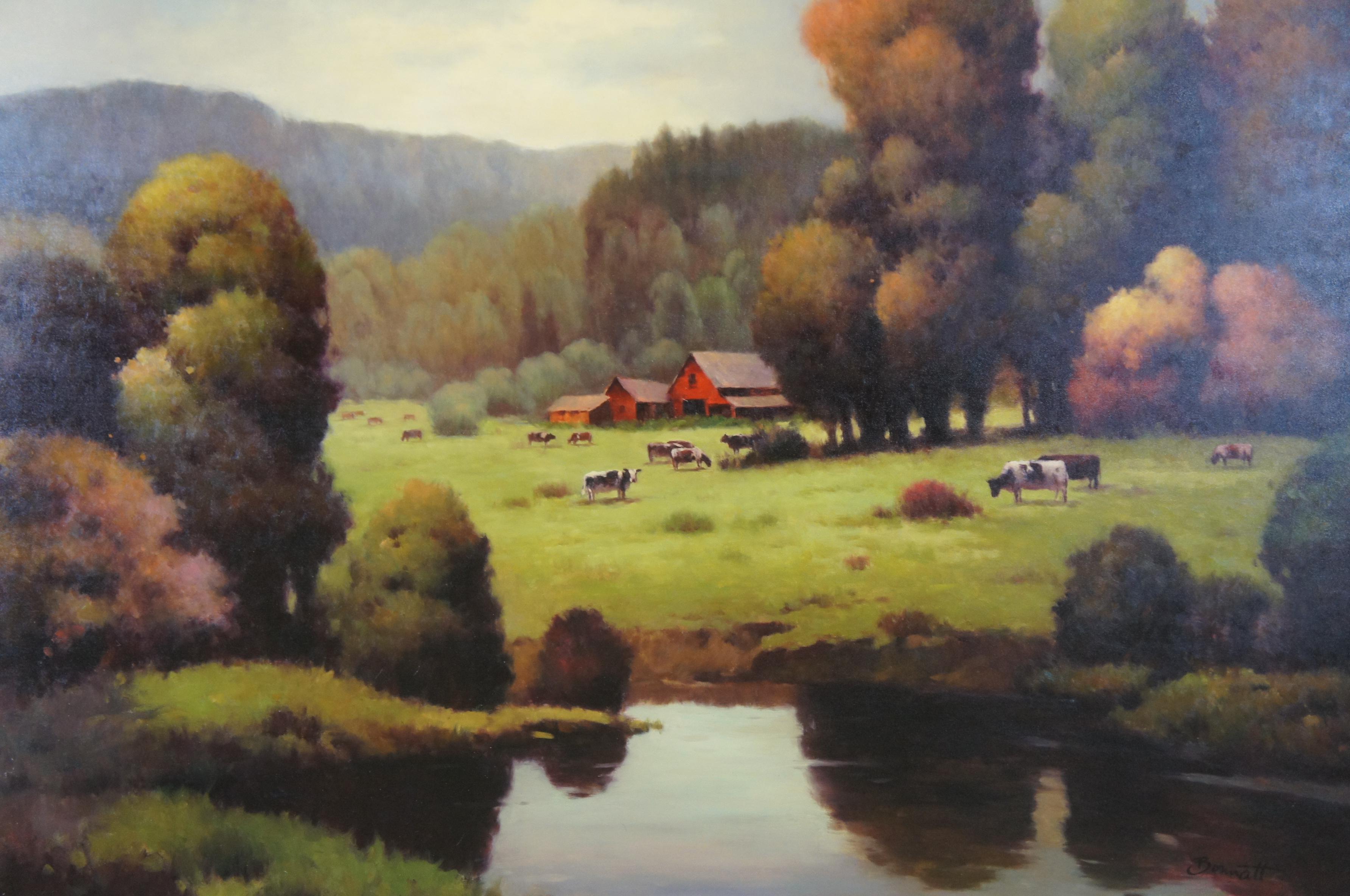 20th Century Bonnatt Pastoral Country Farmhouse Landscape Oil Painting on Canvas 71
