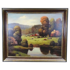 Vintage Bonnatt Pastoral Country Farmhouse Landscape Oil Painting on Canvas 71"