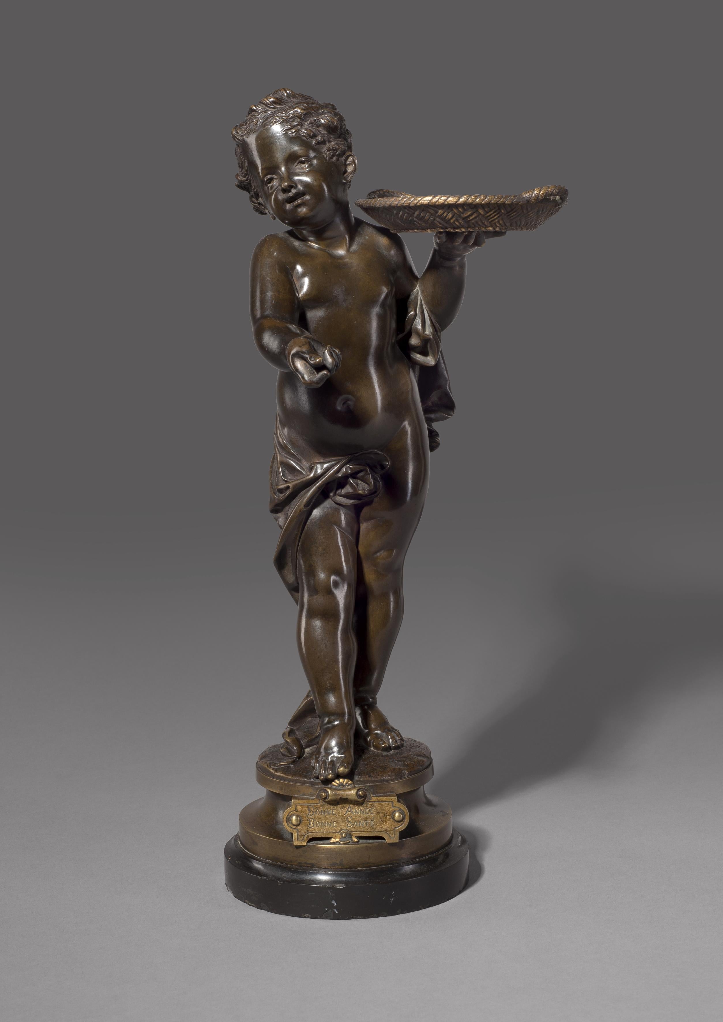 'Bonne Année, Bonne Santé' -A fine patinated bronze figure by Adolphe Maubach.

French, circa 1900. 

Signed 'Adolphe Maurbach' and bearing a gilt-bronze title plaque 'Bonne Année, Bonne Santé'.
