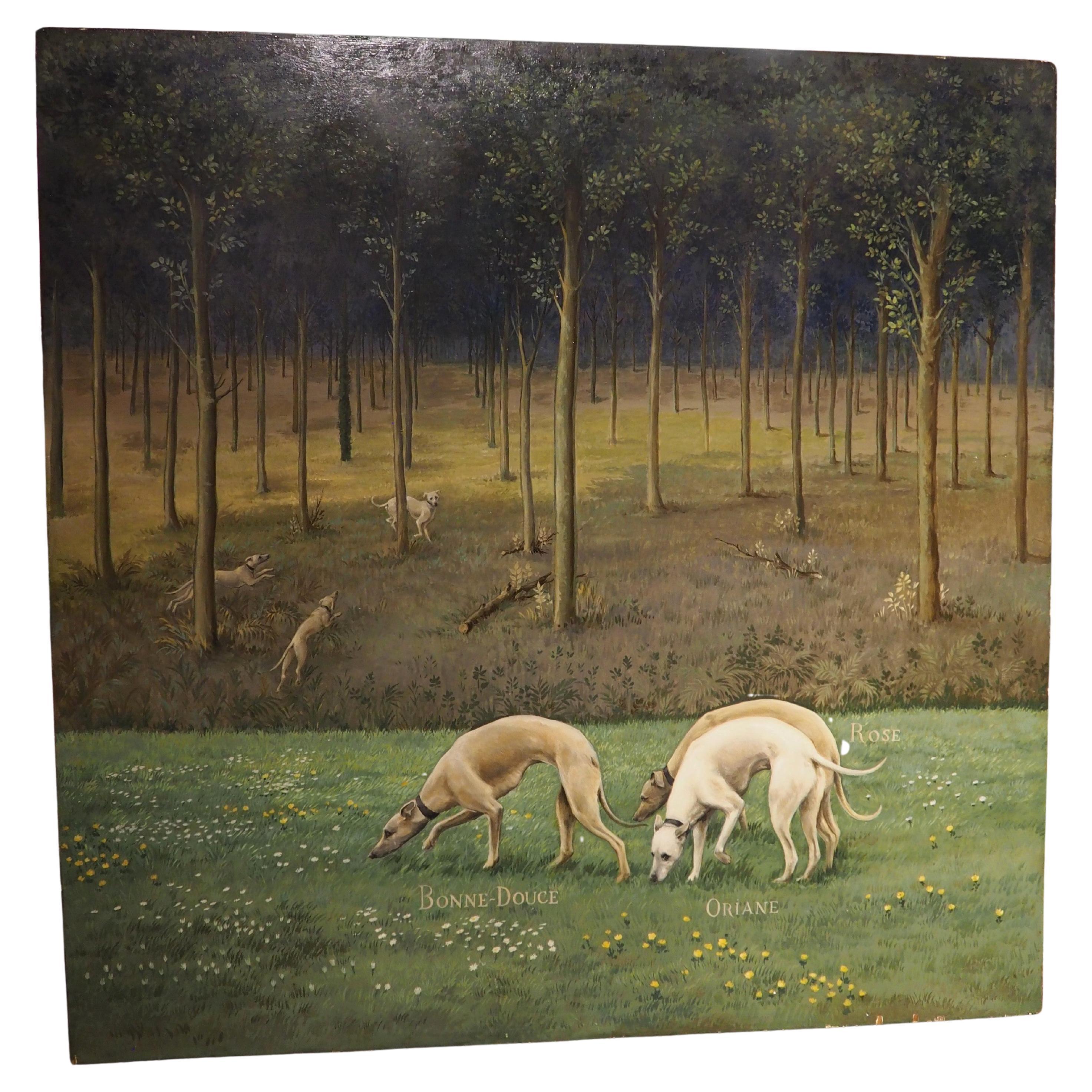 Bonne-Douce, Oriane, et Rose French Greyhounds Oil Painting on Wood, Circa 1880