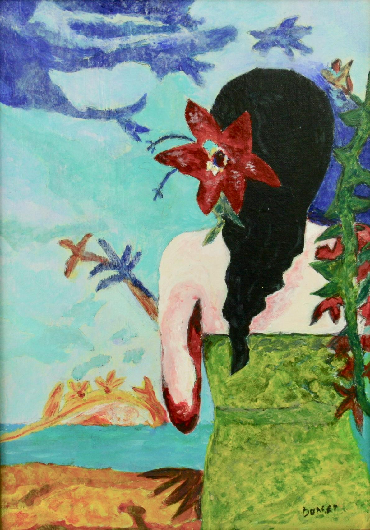 Figurativa femenina hawaiana vintage  Tropical   Paisaje de la Isla de la Belleza 1980 - Painting de Bonnet