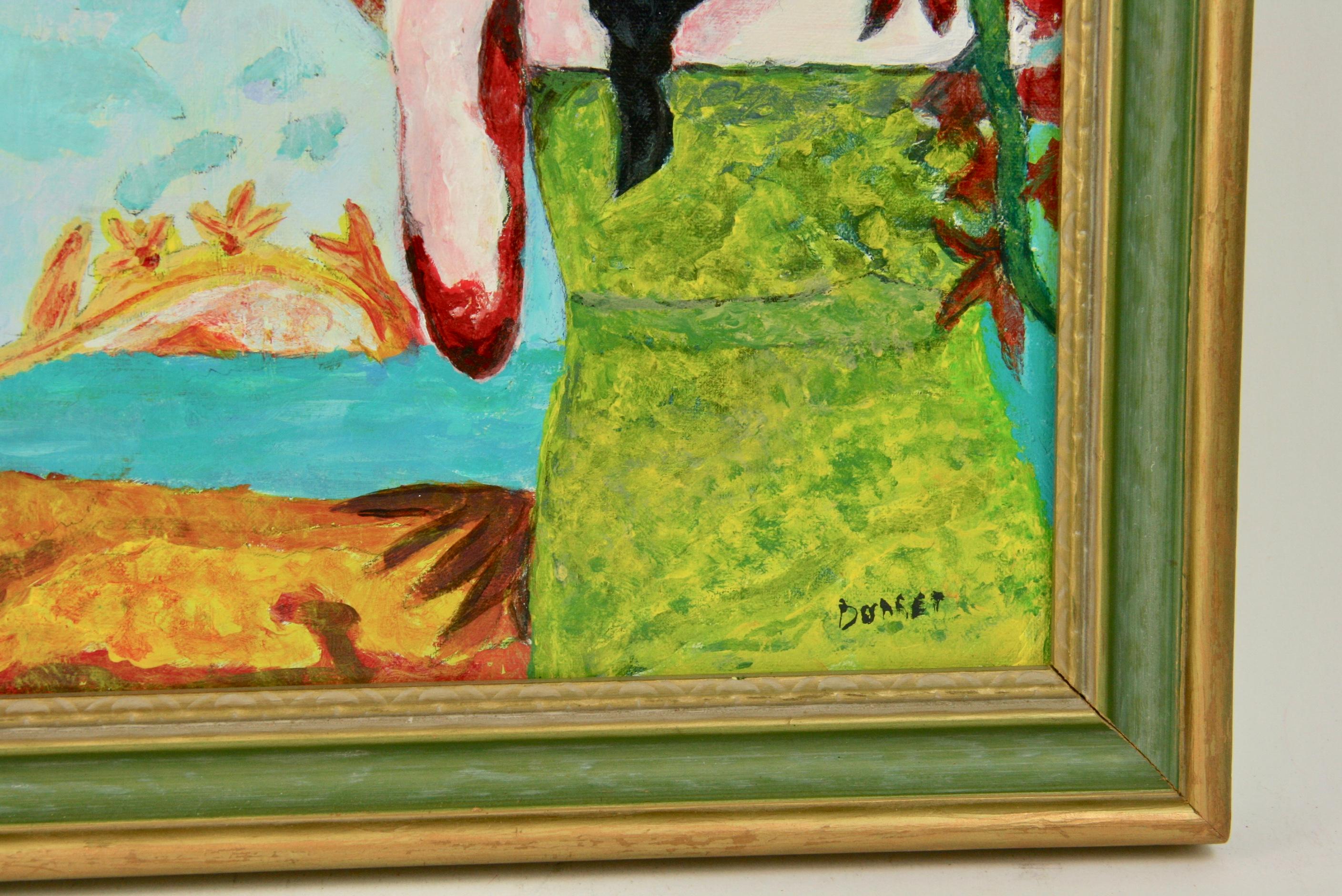 Figurativa femenina hawaiana vintage  Tropical   Paisaje de la Isla de la Belleza 1980 - Landscape Painting Gris de Bonnet