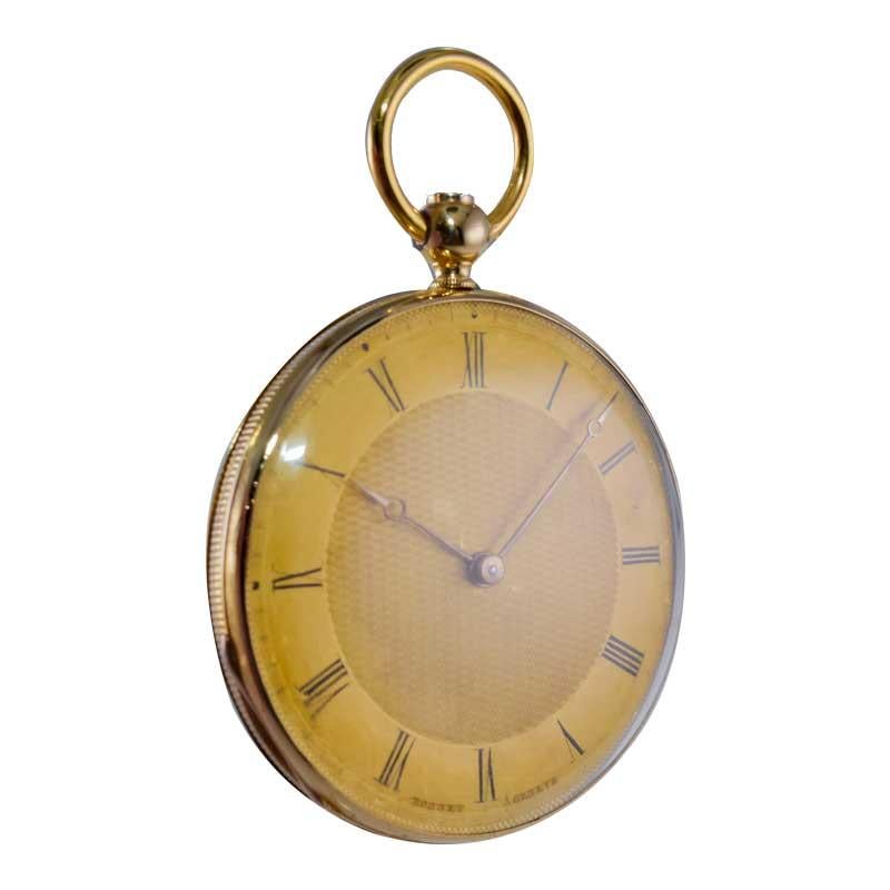 FACTORY / HOUSE: Bonnet 
STYLE / REFERENCE: Open Faced Pocket Watch
METAL / MATERIAL: 18Kt. Yellow Gold 
CIRCA / YEAR: 1850
DIMENSIONS / SIZE: Diameter 39mm
MOVEMENT / CALIBER: Key Winding / 8 Jewels / Cylindrical Escapement 
DIAL / HANDS: Original