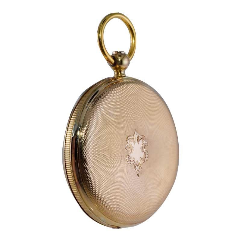 Bonnet 18kt. Solid Gold Open Faced Pocket Watch with Engine Turned Dial 1850's In Excellent Condition For Sale In Long Beach, CA