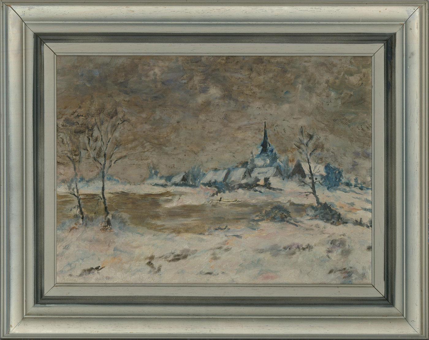 A captivating oil painting, depicting a wintry landscape scene with a village in the distance. Signed to the lower left-hand corner. Well-presented in an off-white wooden frame with a dark grey detail, as shown. On canvas on stretchers.
